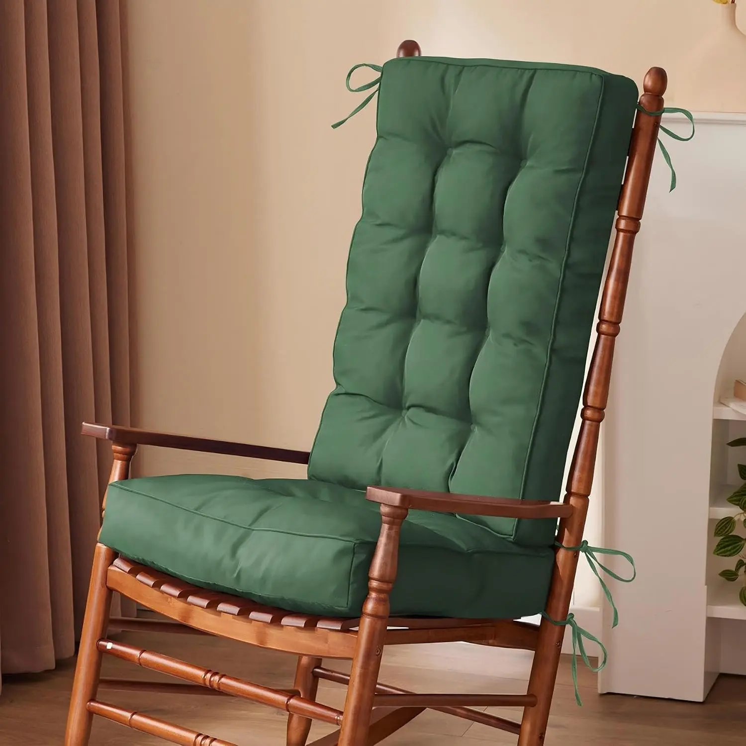 Rocking Chair Cushion, Waterproof and Fade-Resistant Patio Chair Cushions, Tufted Chair Pads for Rocker Furniture, 18x18 Inch, Indoor/Outdoor Seat Cushions with Ties, Dark Green