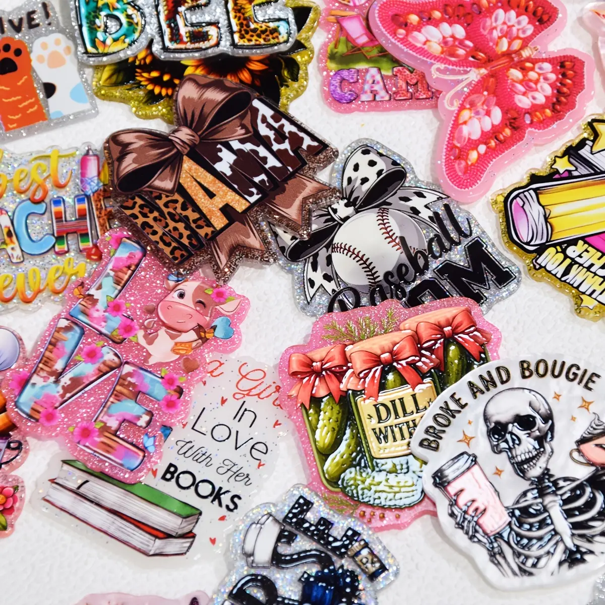 30-Piece Flat Back Charms, Random Mix of No-Hole 2D Glitter Resin Acrylic Pendants for DIY Charms Making and Badge Reels, Charm Style Charms & Pendants