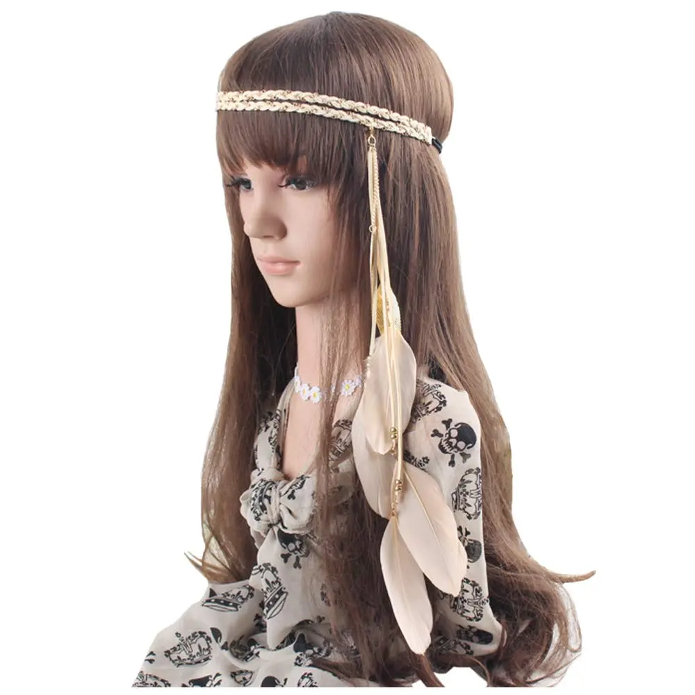 Halloween Boho  Headband Hippie Indian Leaf Hair Hoops Bands Tassel Bohemian Headpiece Hairband Women Xmas Wedding Festival Masquerade  Dress Up Birthday Party Accessories Beige
