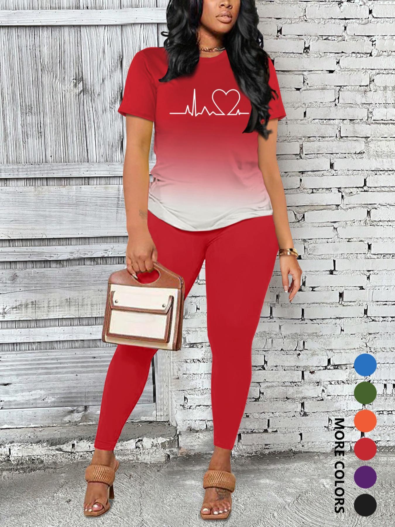 Women's Ombre Gradient Letter Print Short Sleeve Tee & Leggings Set, Casual Round Neck Fitted T-Shirt & Skinny Pants For Daily Wear, Ladies Two-Piece Outfits For All Seasons