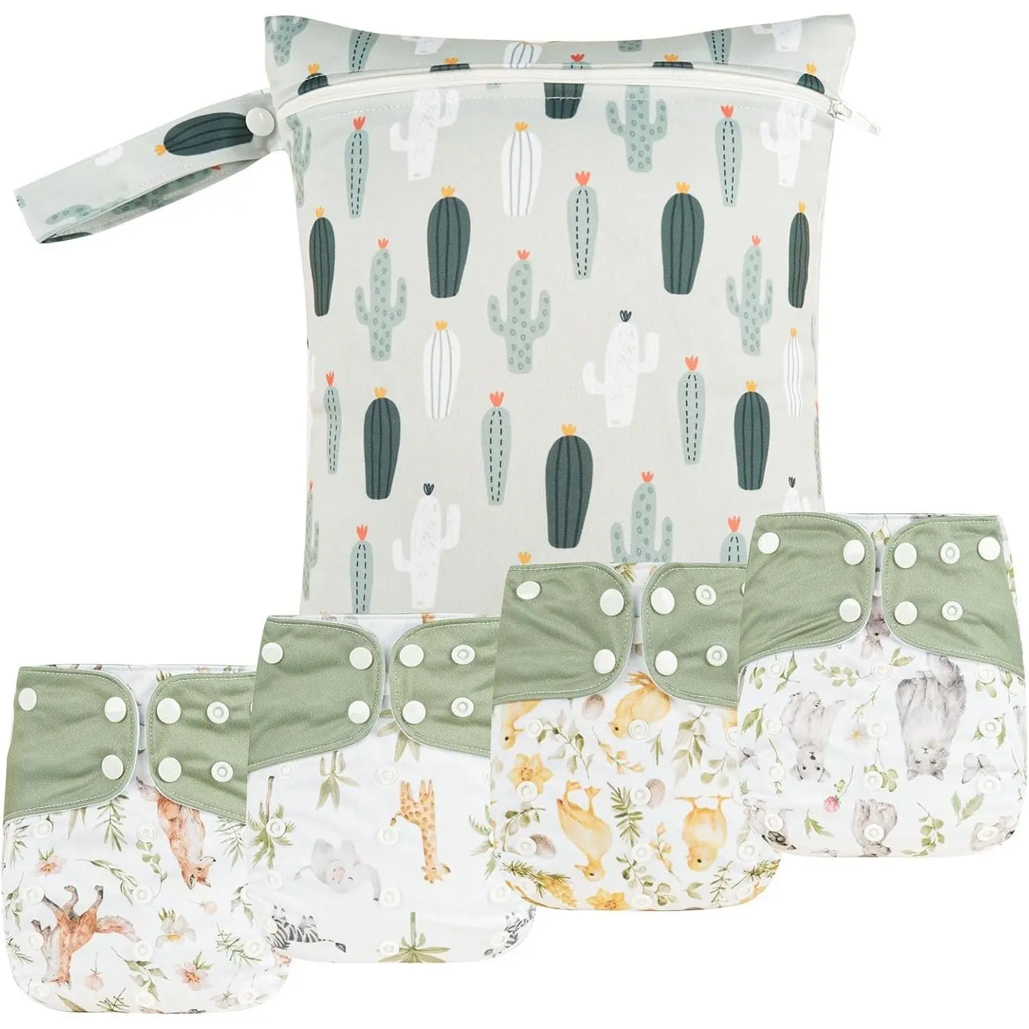 9-Piece Newborn Baby Cloth Pocket Diaper Set: 4 Adjustable Reusable Diapers + 4 Inserts + 1 Wet Bag for Baby Boys & Girls (6-33 lbs, 0-3 Years)(Gift)