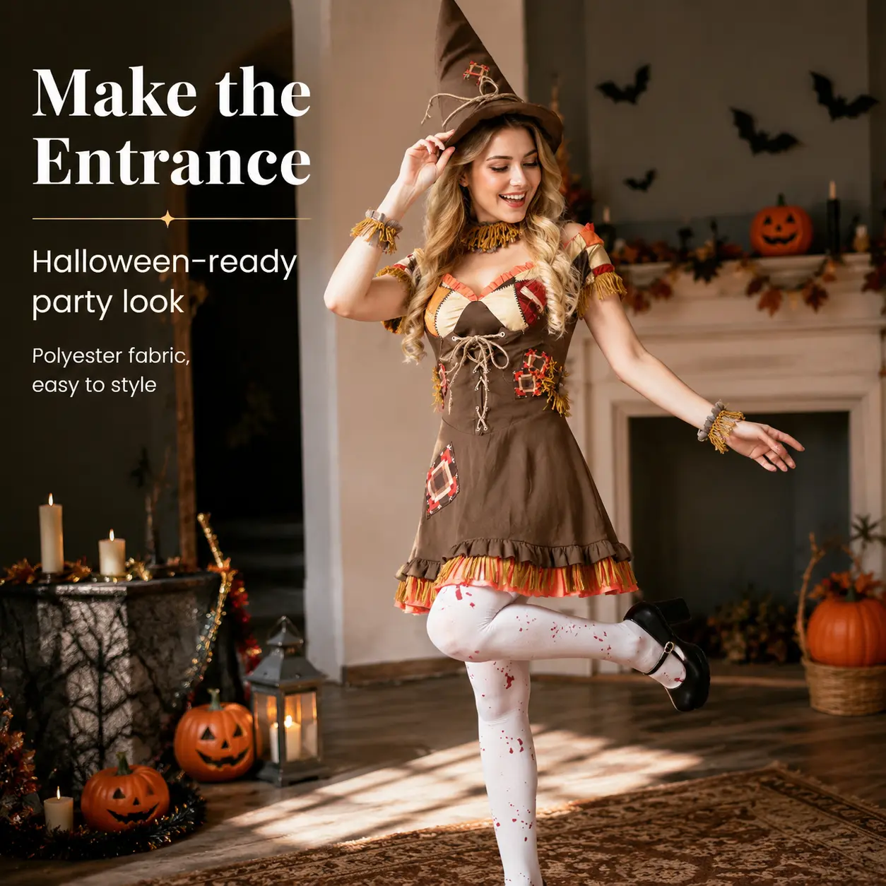 Women's Dark Brown Vintage Scarecrow Halloween Costume Set - Patchwork V-Neck Mini Dress with Tassel Fringe Sleeves, Pointed Hat, Neck Choker - Lightweight Breathable Farm-Themed Adult Festival Cosplay Fancy Dress for Party, Photoshoot