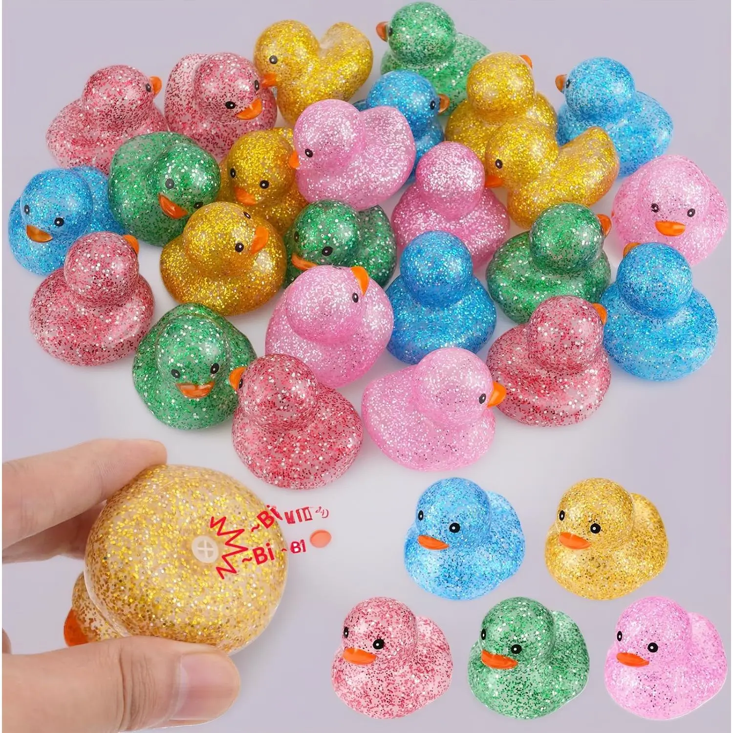 25-Pack Glitter Rubber Duck Toy Kit - Large Squeaky Bathtub Floating Toys for Bath Time, Bulk Infant Set for Baby Shower Decor & Birthday Party Favors/Gifts