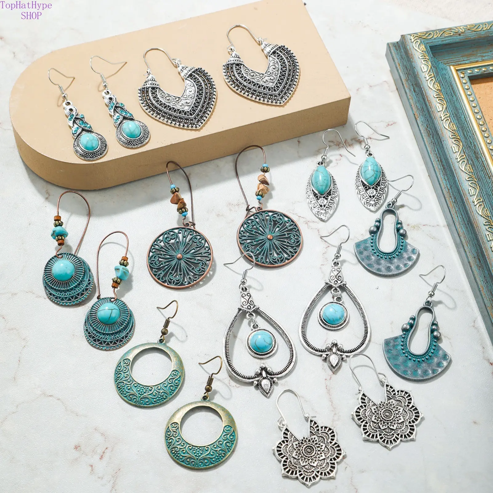 9-Pair Vintage Boho Earring Set for Women, Turquoise Stone Ethnic Drop & Dangle Earrings for Party & Daily Wear, Drop Earrings