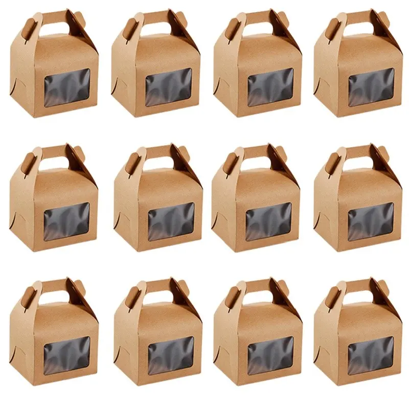 12pc Handheld Kraft Paper Cake Boxes, Transparent Window Swiss Roll Cupcake Baking Packaging, Sweet Treats Cookie Packing Box, Handles