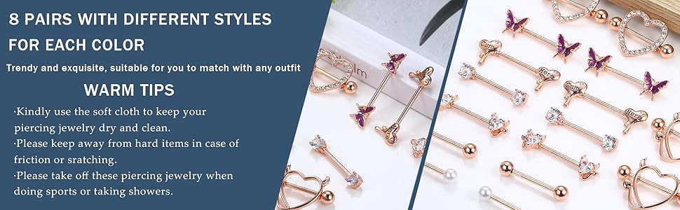 ZELORES  8 Pairs 14G Nipple Rings for Women Stainless Steel CZ Striaght Barbell Tongue Ring Nipple ring Set Butterfly Devil Heart Nipple Piercing Jewelry 16mm 5/8Inch
