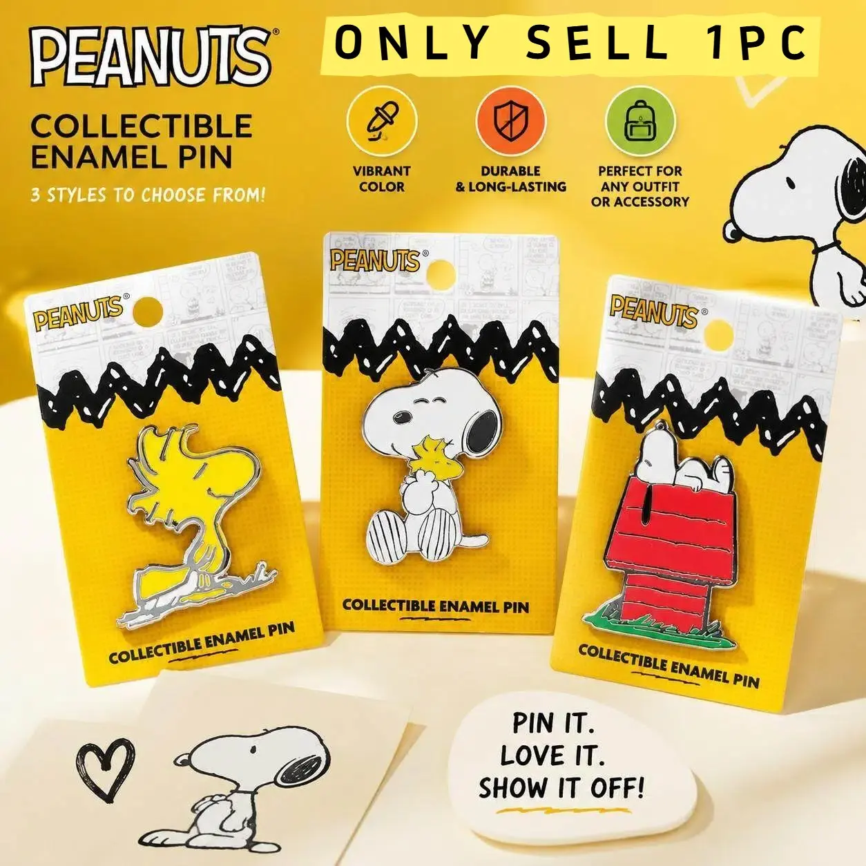 Peanuts Official Snoopy Enamel Pin, Woodstock Cute Anime Metal Badge Brooch, Vintage Cartoon Accessory, Kawaii Jewelry, Collectible Lapel Pin