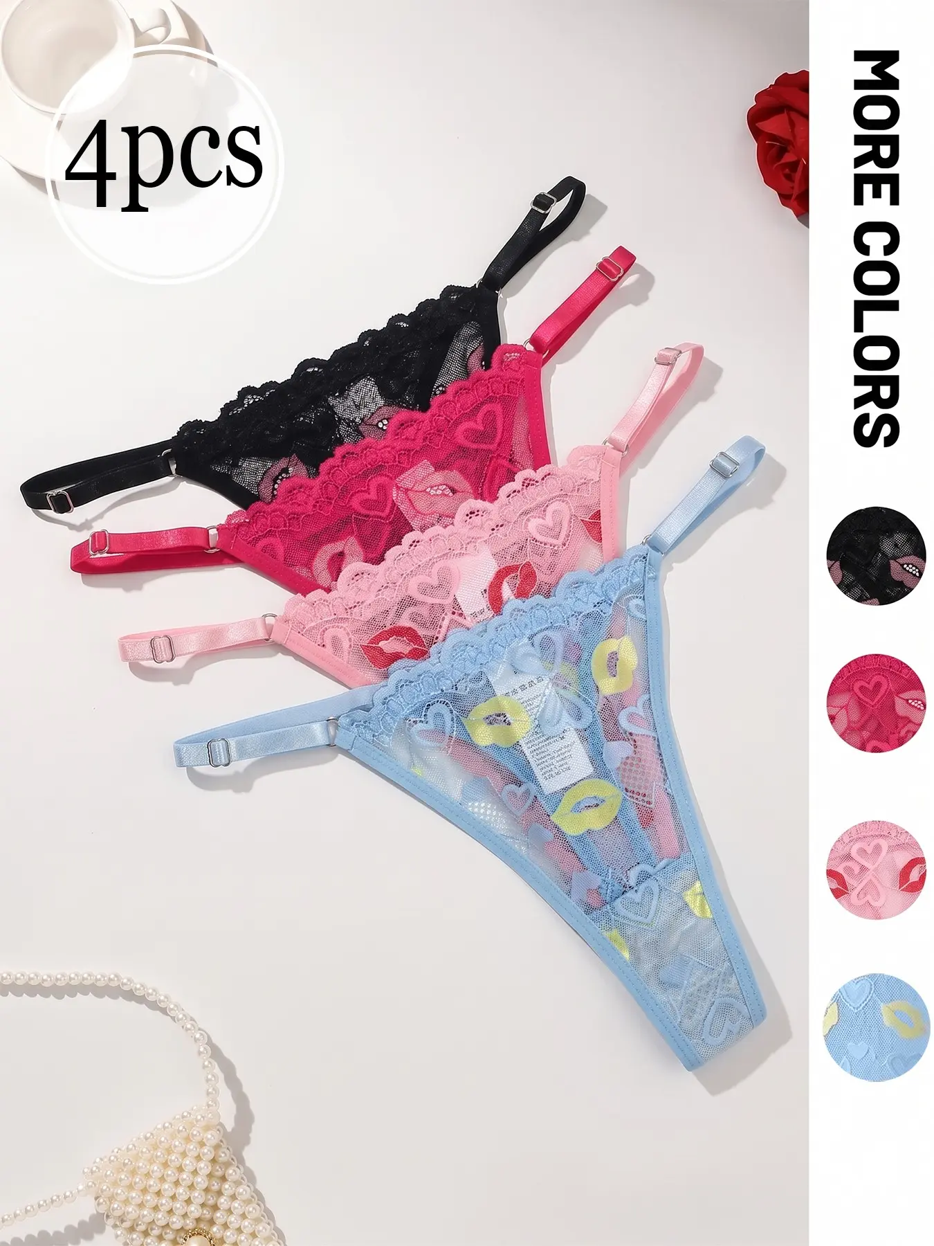 4Pcs Women Lace G-String Thong, Sheer Mesh Heart Lips Print Adjustable Strap Sexy Low Rise Panties Lingerie Underwear