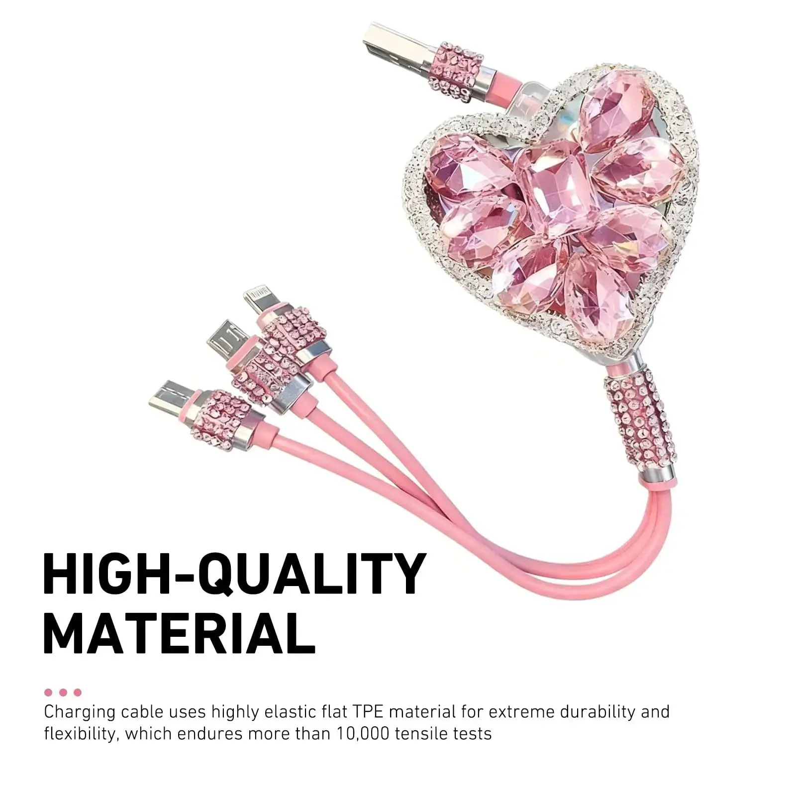 Three-In-One Heart-Shaped Car Charger Cable, Sparkling Rhinestone Decor, Extendable Fast Charging, iPhone, Android, Type-C Compatible, Fast Charging Solution