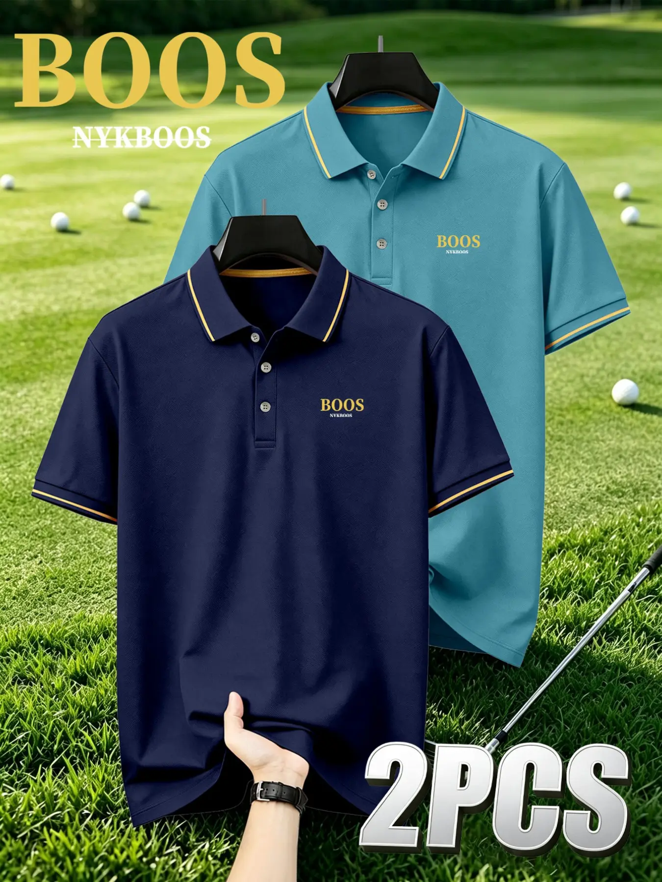 New Men's Golf Polo Shirt Set, Classic Boss Logo Print, Collared Stretch Casual Breathable Four Seasons Comfortable Durable High-End Polo