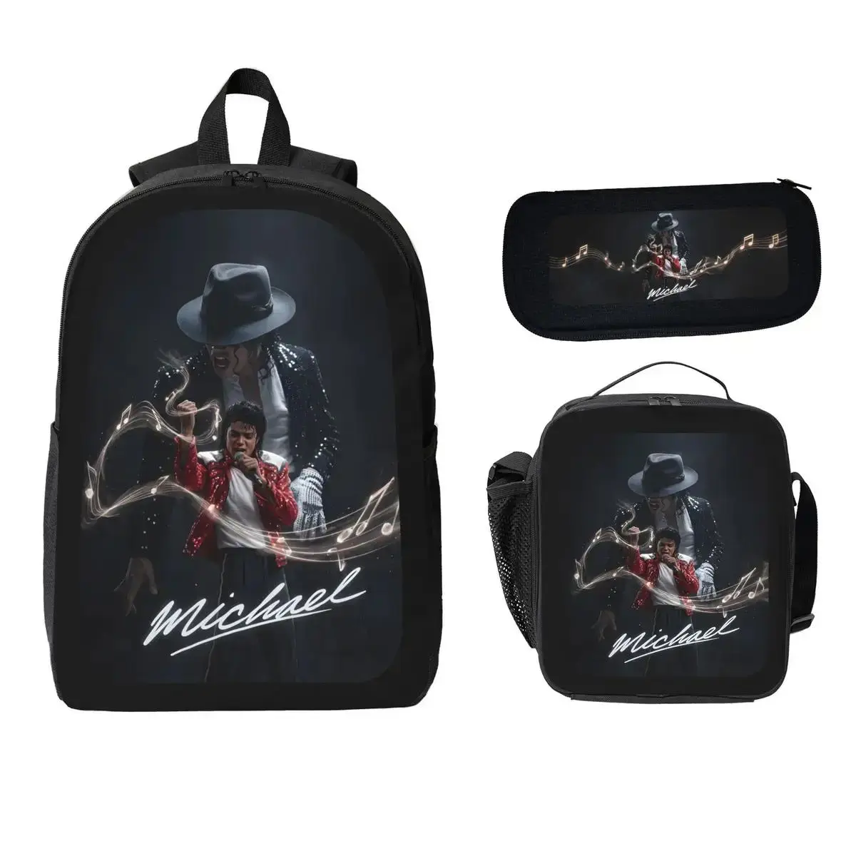 Michael Jackson Backpack Set 3Pcs Kids School Bag Lunch Bag Pencil Case Pop Music Theme Bookbag Lightweight Travel Backpack Water Resistant Outdoor Camping Daypack Back To School Gift For Boys Girls Students