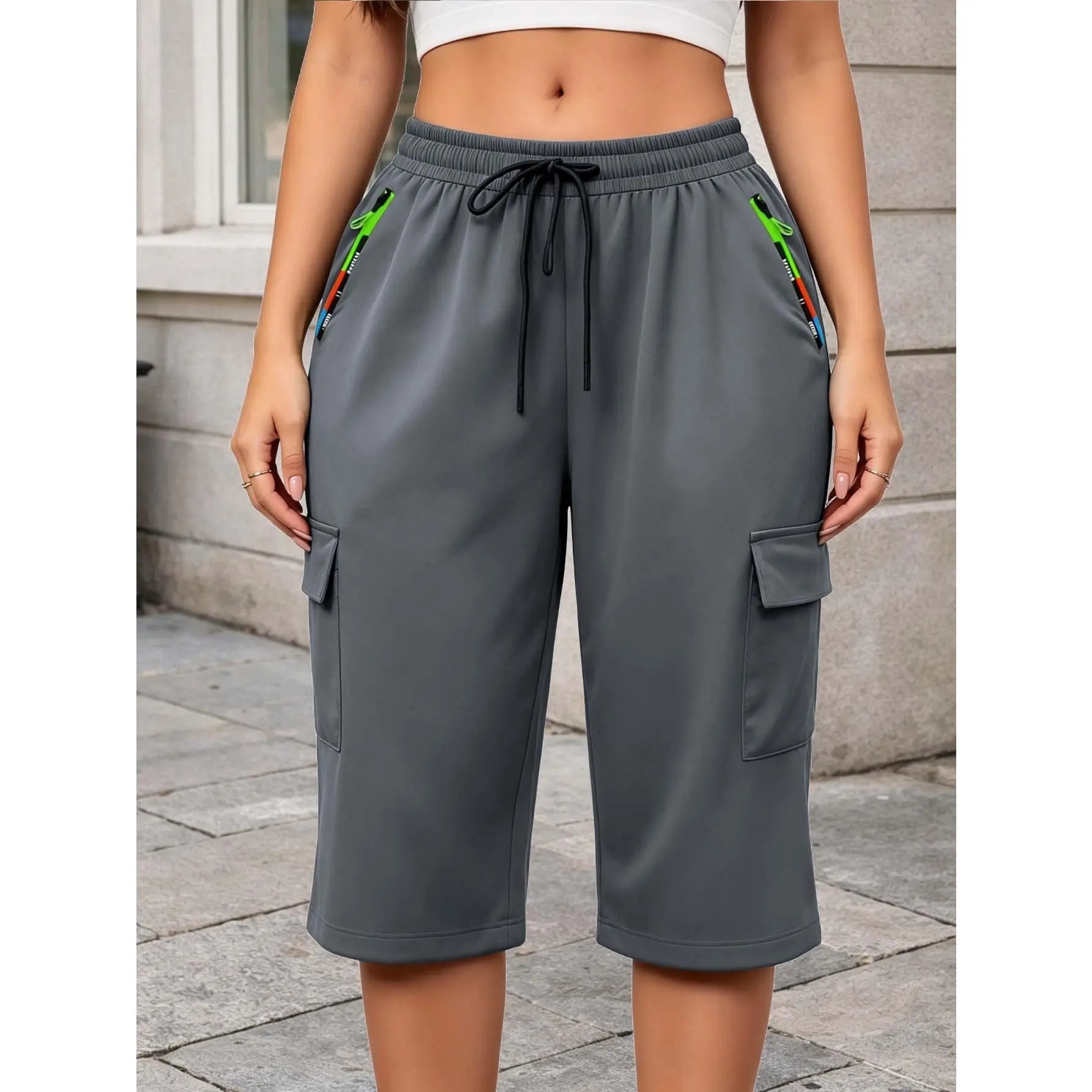 Women's Summer Cooling Seven Point Cargo Capri Pants, Elastic Drawstring Waist With Colorful Zip Pocket & Flap Cargo Pocket, Loose Breathable Cropped Trousers For Daily Commute And City Walks