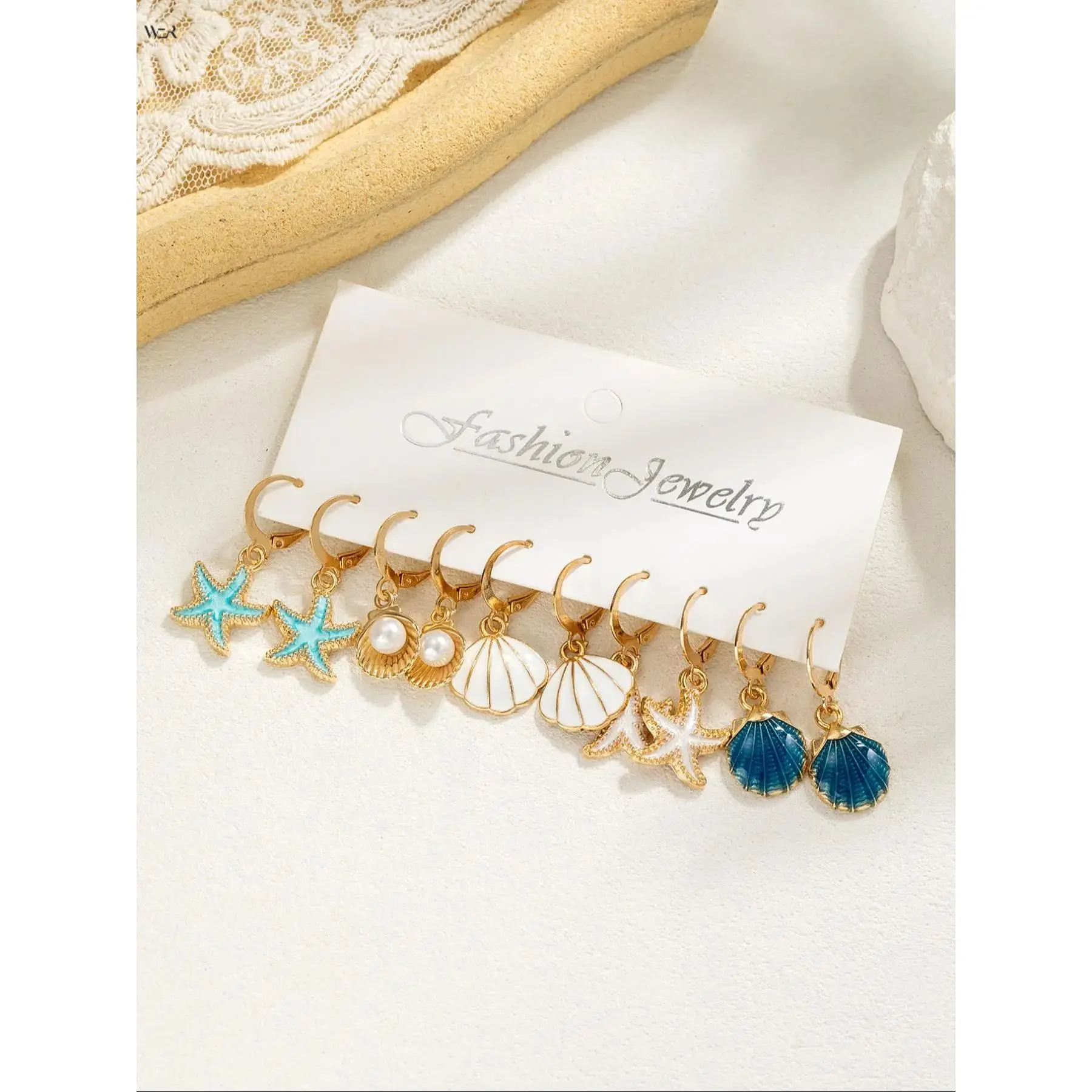 Women's 5-Pair Coastal Earring Set, Gold-Plated Huggie Hoops with Starfish, Shell & Pearl Charms, Ocean Theme Enamel Drops, Multi Styles Summer Jewelry for Beach Trip, Pearls Earrings, Earrings Jewelry