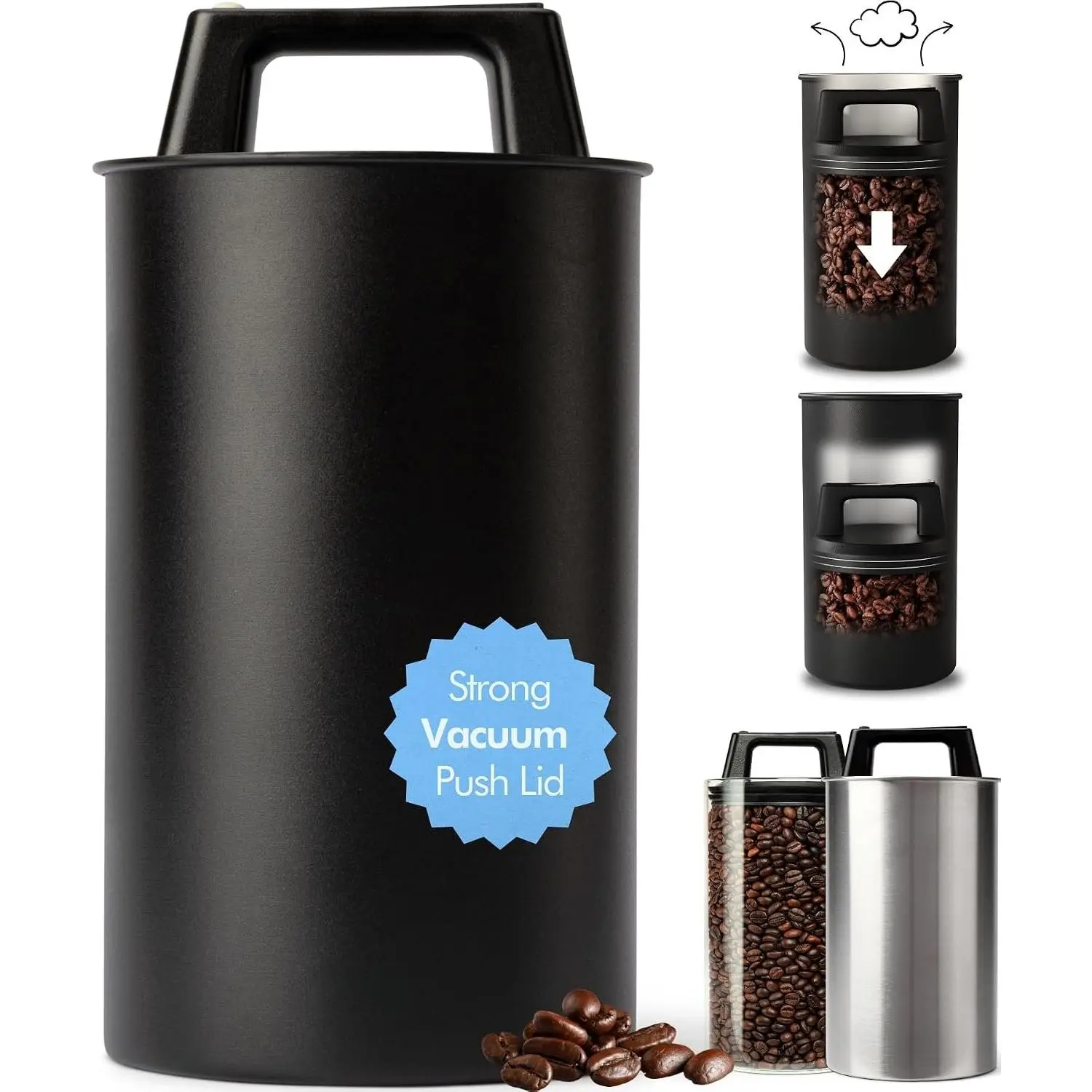 Vacuum Coffee Canister - Push Lid Preserves Coffee Aroma & Oil | Stainless Steel Airtight Coffee Canister - Container for Ground & Coffee Bean Storage - Storage Jar - Removes Excess Air