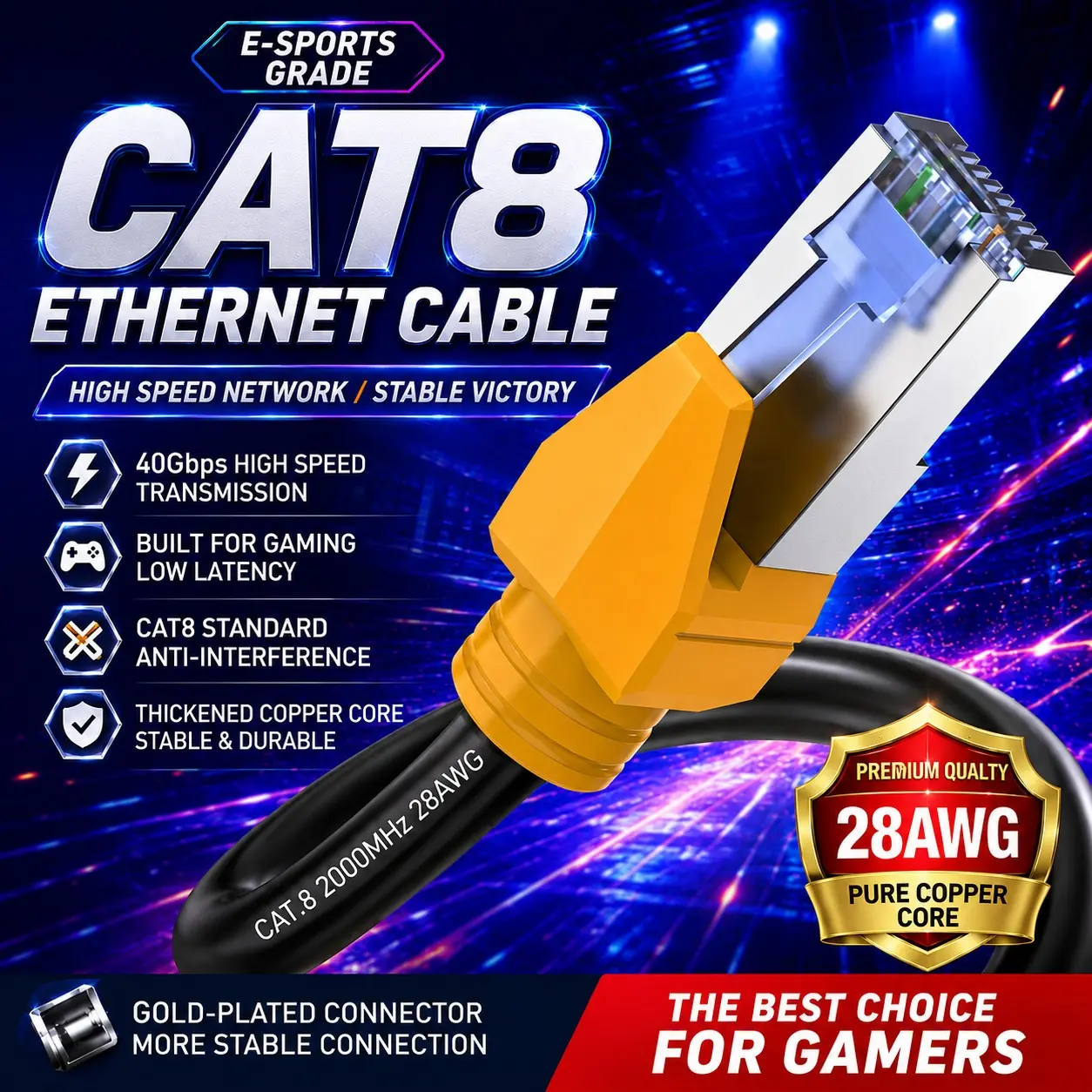 Cat 8 Ethernet Cable Network Cord 15FT, Heavy Duty 28AWG High Speed 40Gbps 2000MHz, Gold Plated RJ45 Shielded, Weatherproof Indoor & Outdoor LAN Cable for Gaming PC PS5 Xbox Modem Router Shielded Lan Cables