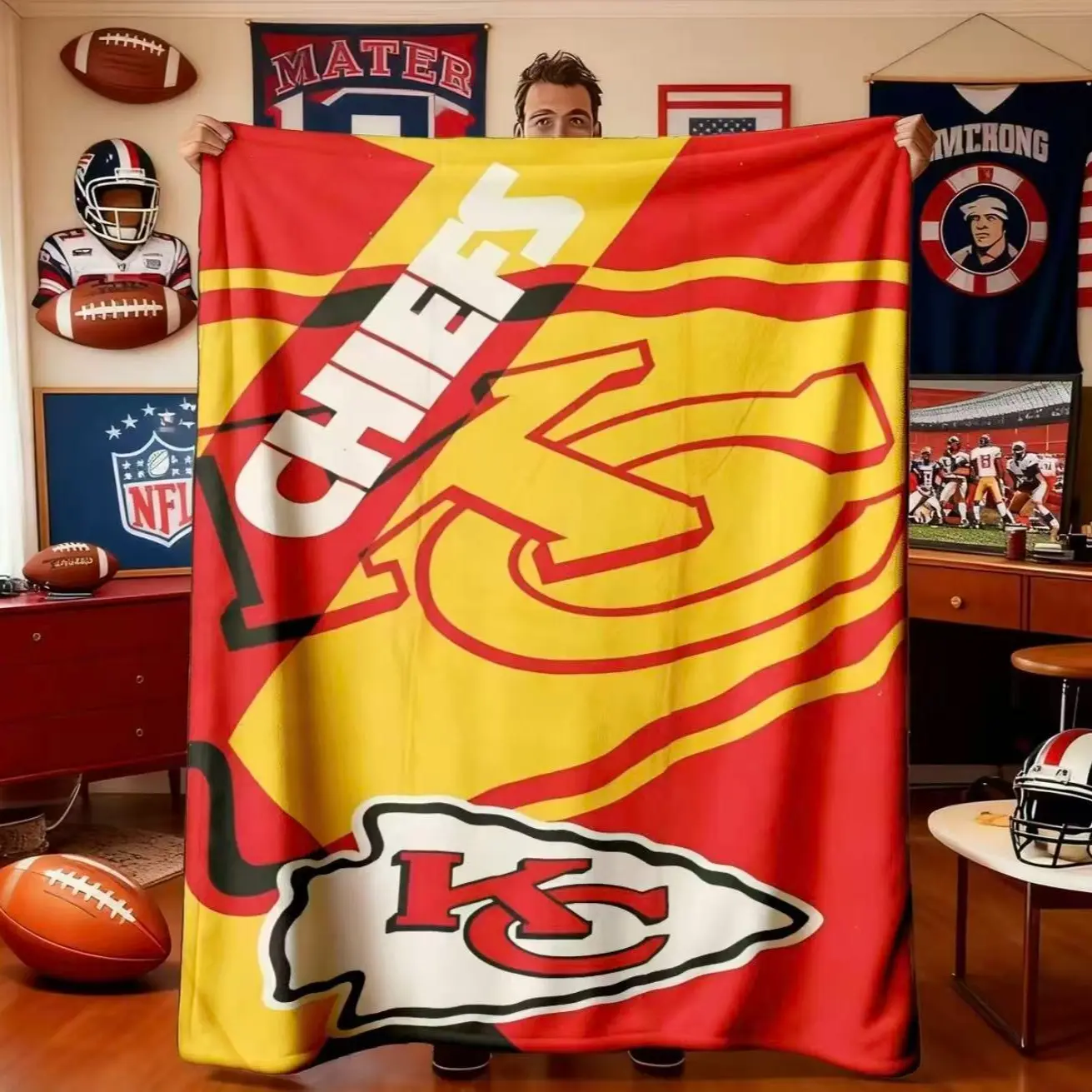 Kansas City Chiefs Flame Logo Flannel Blanket, Soft Lightweight Warm, Bedroom Holiday Decor, Bed Sofa Office Camping Travel Gift