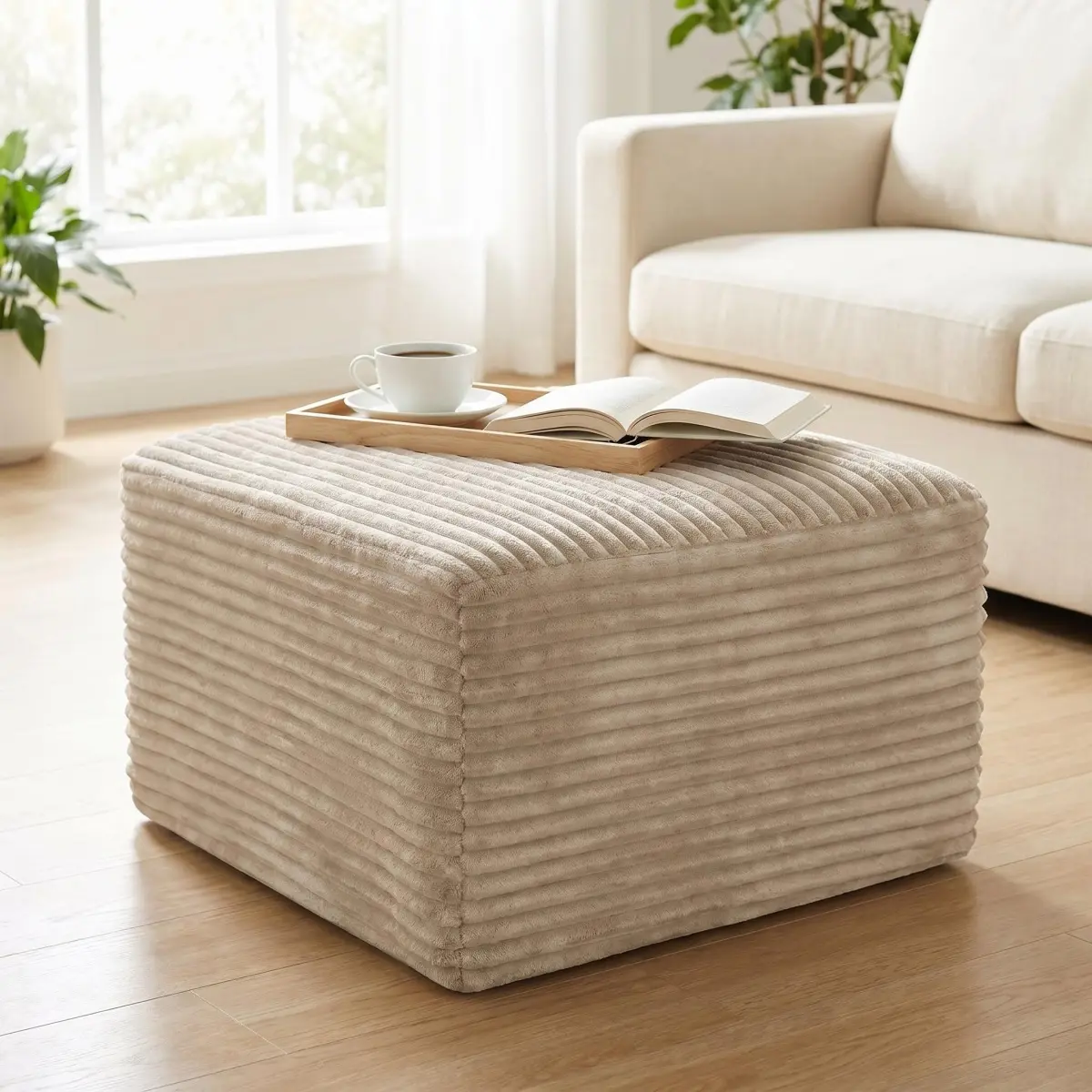 37.5" Corduroy Ottoman Square Upholstered Foot Rest for Couch, Soft Padded Foot Stool for Living Room Bedroom Decor