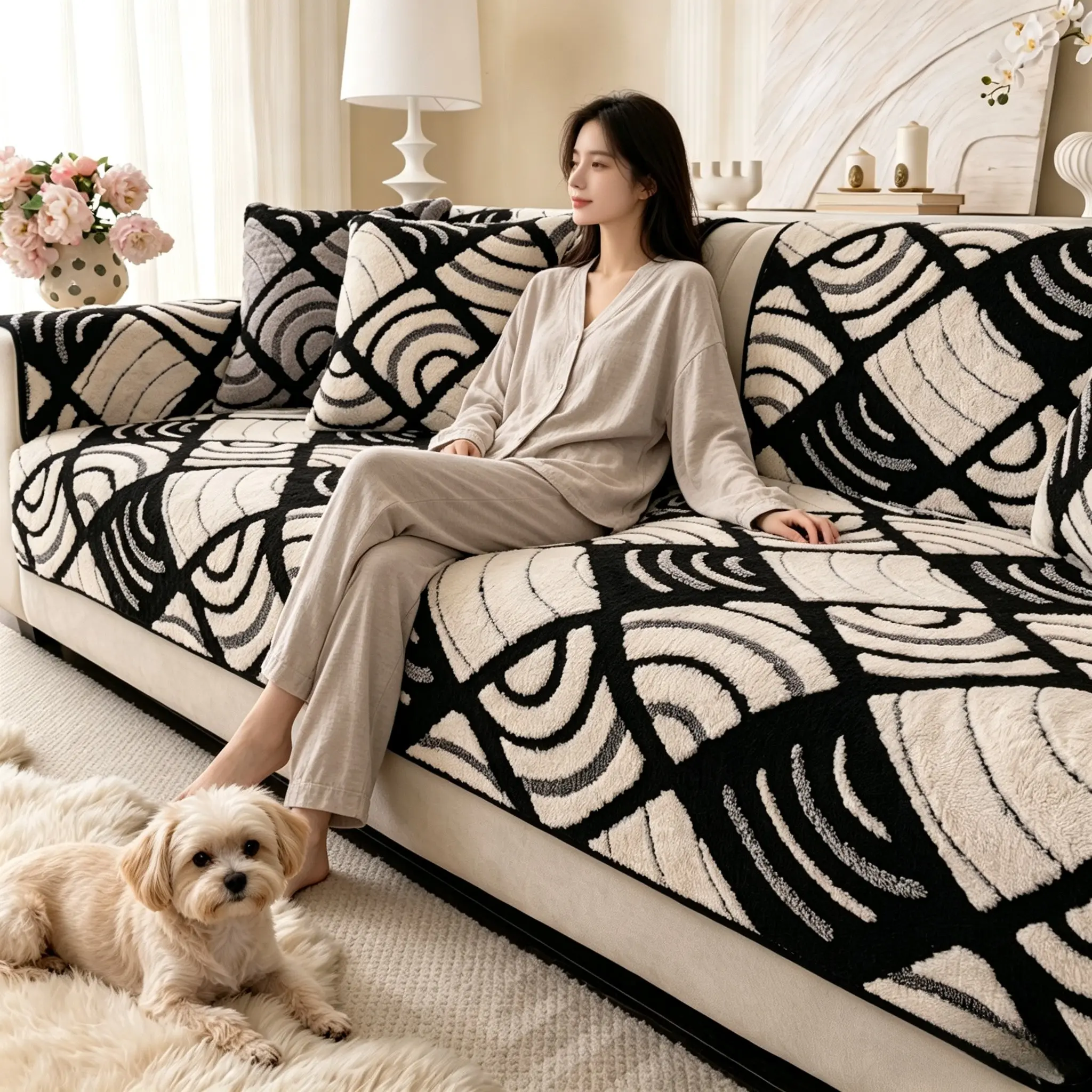 1pc Nordic Minimalist Geometric Plush Sofa Cushion, Thickened Cotton Velvet, Non-Slip, Pet-Friendly, Washable, All Seasons