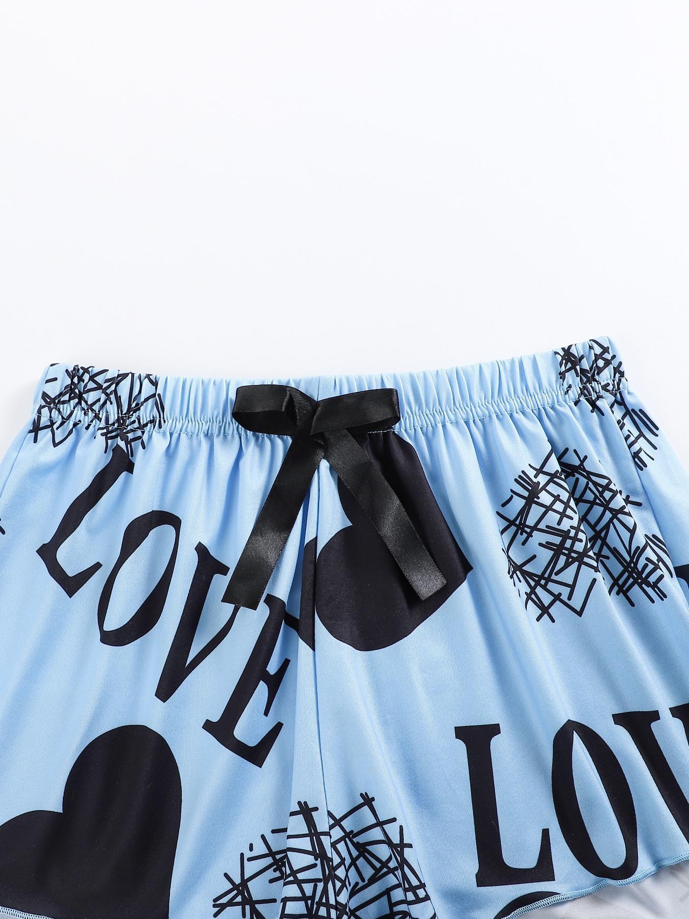 2 Pieces/ 6 Pieces  Women's Heart & Letter Print Lettuce Trim Fitted Pyjama Set, Casual Spaghetti Strap Cami Top & Bow Decor Shorts, Summer Sleepwear  Loungewear  Set for Women