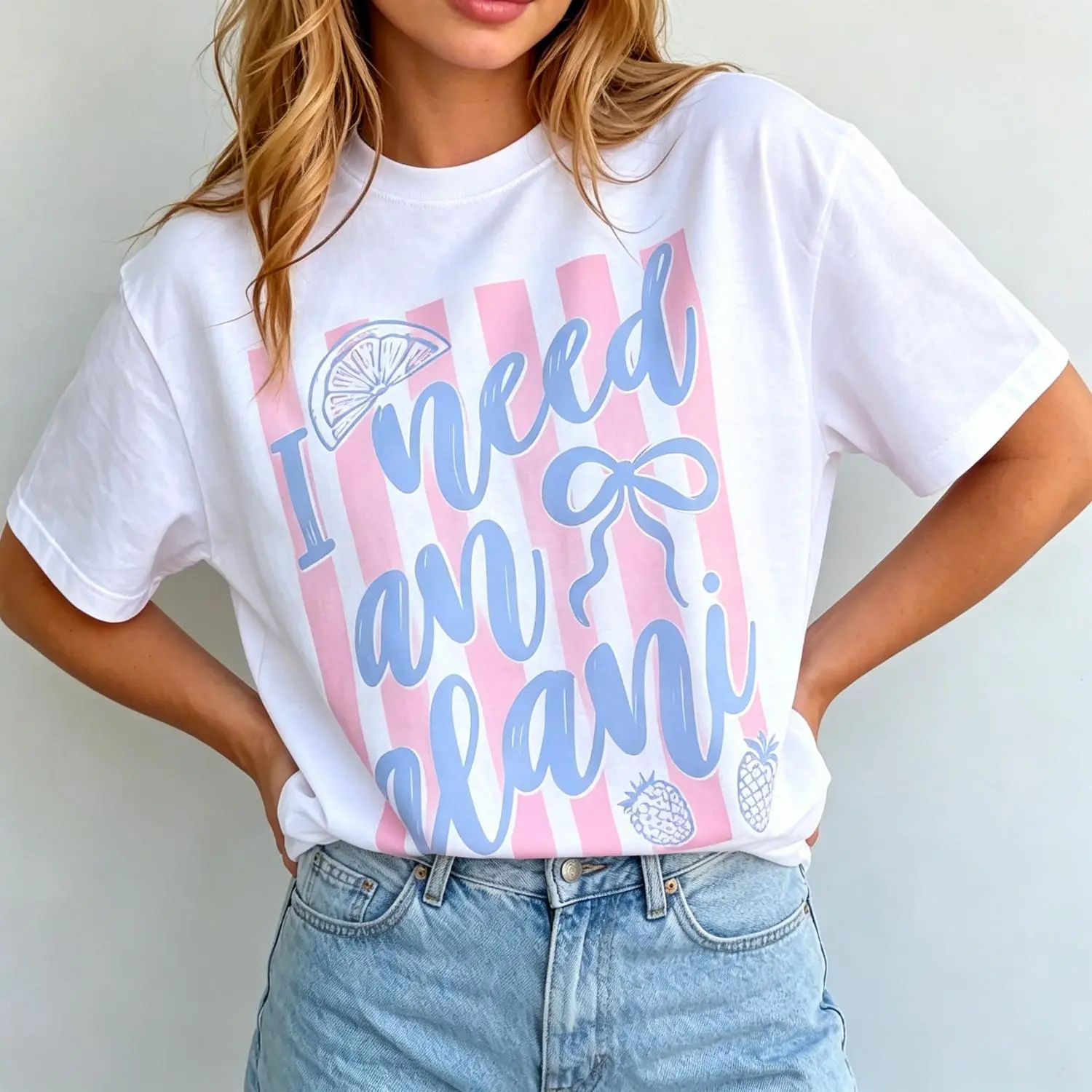 Stylish I Need An Alani Cotton T-shirt Energy Drink Theme Casual Top Featuring Pink And Blue Stripes
