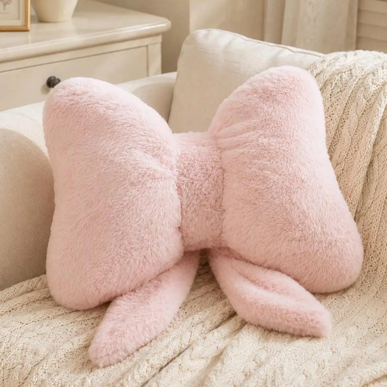 Pink Bow Throw Pillow Coquette Aesthetic Faux Fur Fluffy Cushion Cute 3D Ribbon Plush Decorative Lumbar Pillows Valentine Birthday Gift for Girls