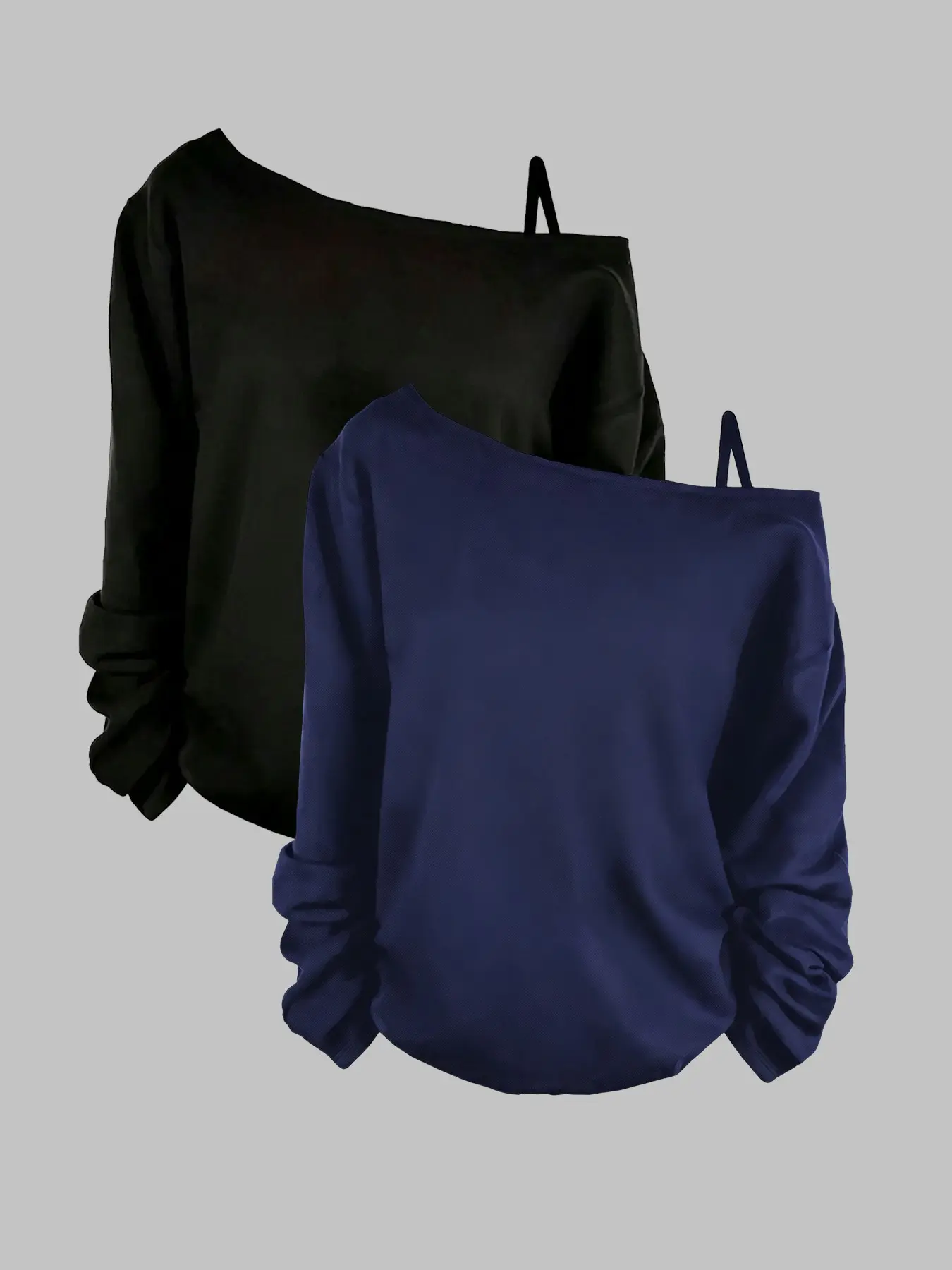 Women Off Shoulder Long Sleeve Blouses Relaxed Loose Fit Collarbone Friendly Non-sheer Modest Style For Daily Casual Street Dating Weekend Shopping Indoor Leisure Spring Autumn Wear Two Solid Color Black Navy Basic Wardrobe Staple For Young Women Daily Fa