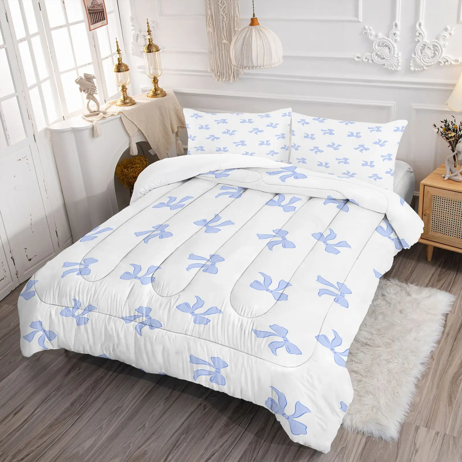 Fresh Sky Blue Ribbon Bow Quilted Comforter Set & 1-2 Coreless Pillowcases, Skin-friendly Microfiber Breathable Comfort For All Seasons, Lovely Decor For Kids Room And Girls Bedroom, Ideal Gift Option, Bow Bedding Set