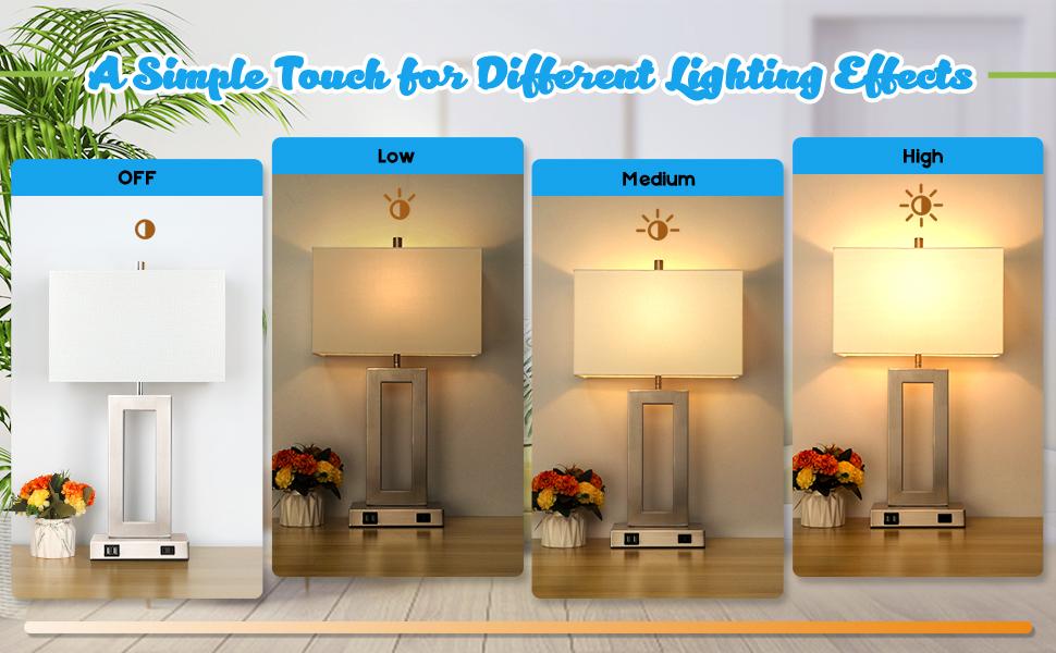 Tall Table Lamps for Bedroom Set of 2, Silver Bedside Touch Control Lamp with 2 USB Ports&AC Outlet, Modern Living Room Table Lamp for Nightstand End Table, 3-Way Dimming with 2 E26 Edison Bulbs Dimmable Lighting