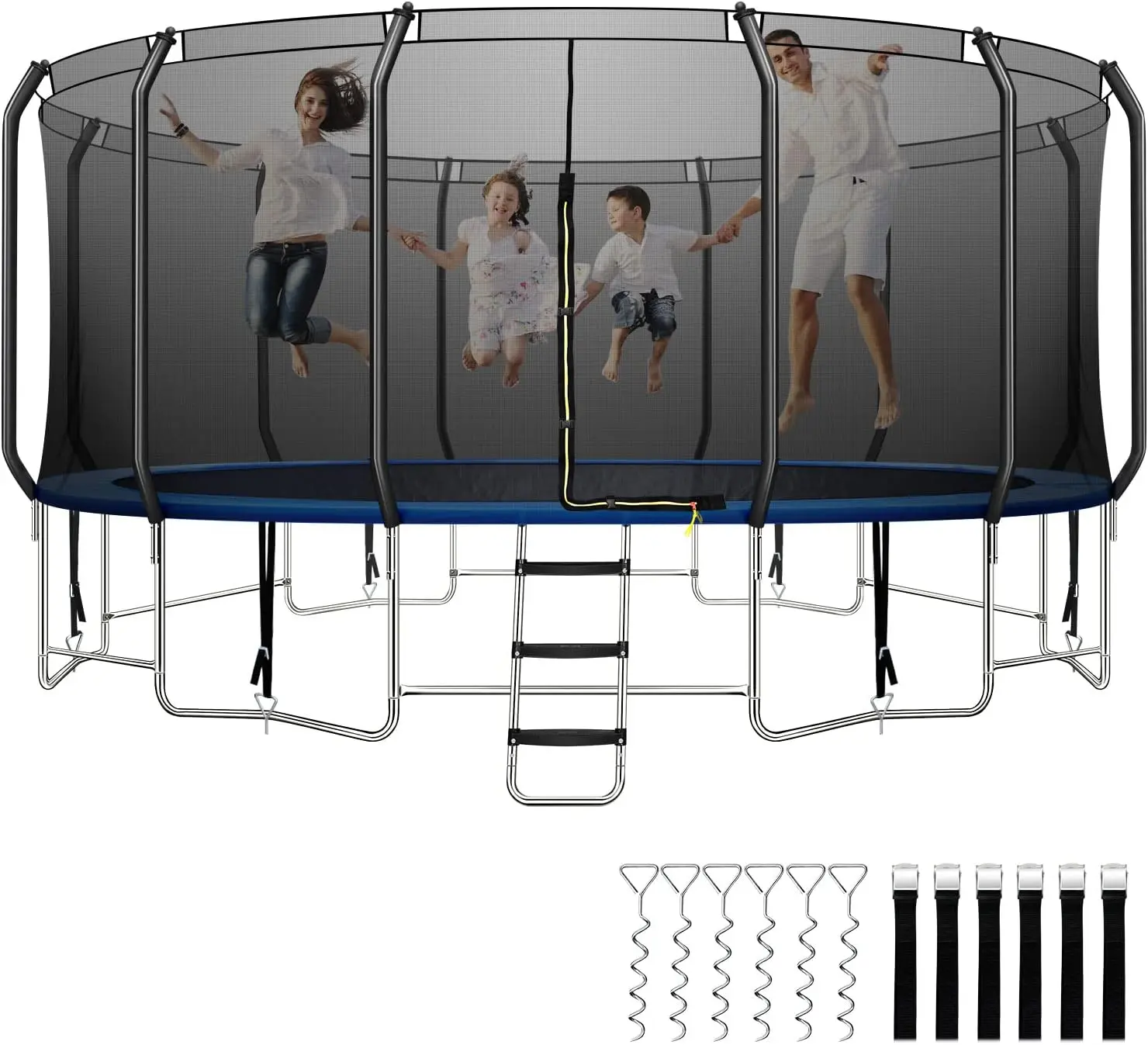 Heavy-Duty Black Safety Enclosure Stainless Steel Trampoline for Adults Kids Balance Bar Astm Approved - 16FT - Windproof Stake Set