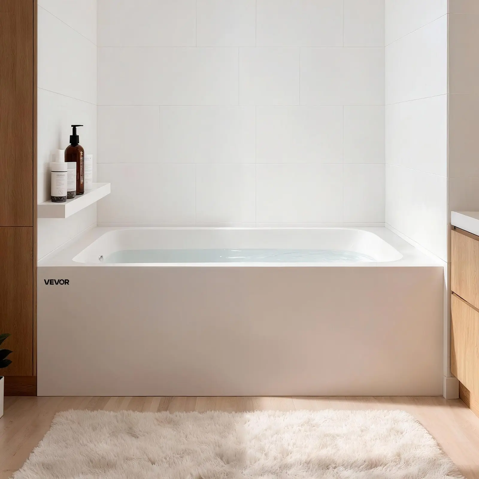VEVOR 60 inch White Acrylic Alcove Soaking Tub, Contemporary Large Rectangular Deep Tub with Left-Hand Drain, Overflow Hole, Integral Flange for Bathroom