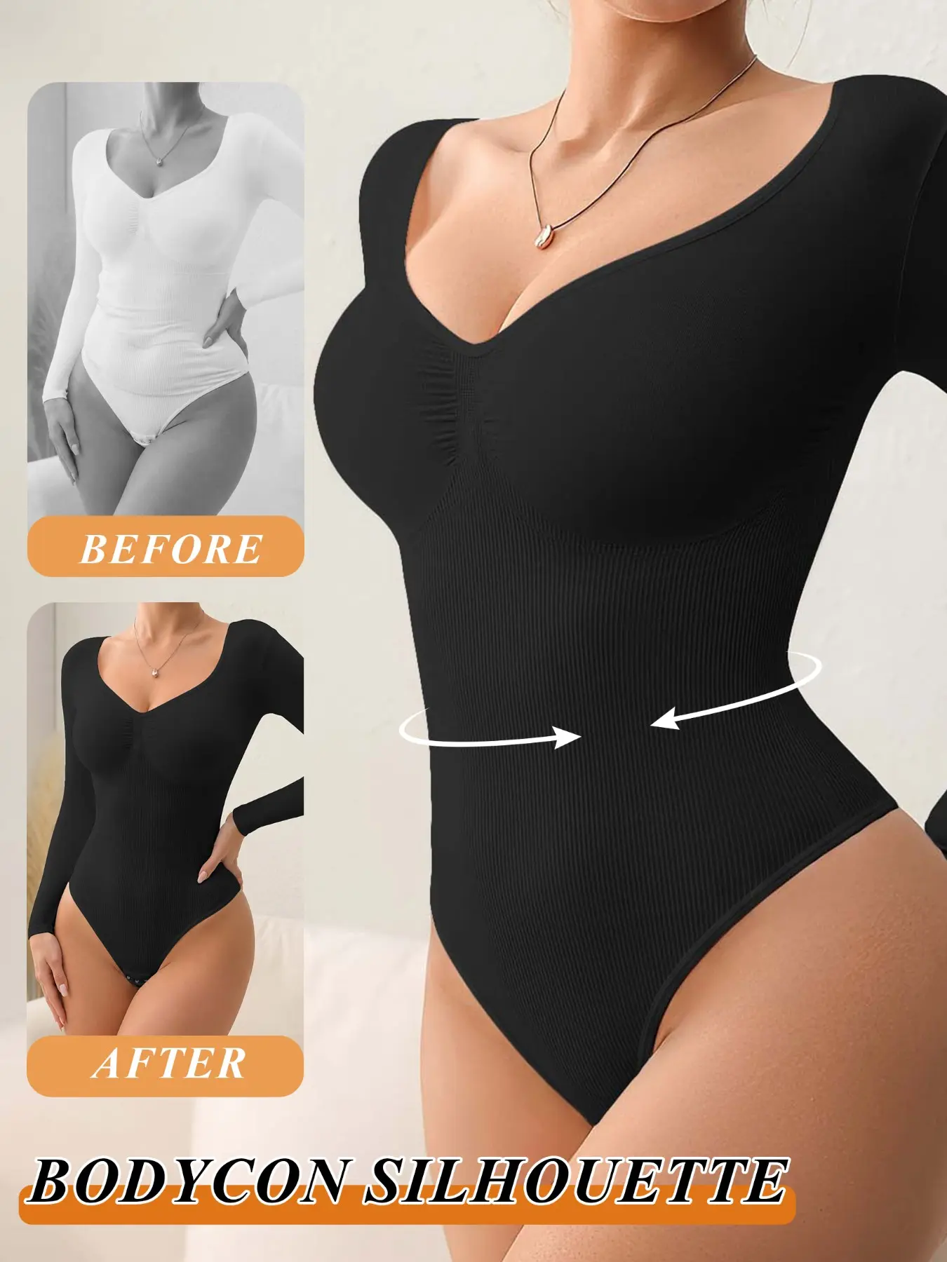 Postpartum & Daily Shaping Bodysuit Bundle, Elegant Graduated Waist Compression Support Postnatal Recovery, Gentle Pressure Comfortable For All-Day Wear, Snap Crotch Easy On & Off, Ribbed Breathable Skin-Friendly Long Sleeve Shapewear
