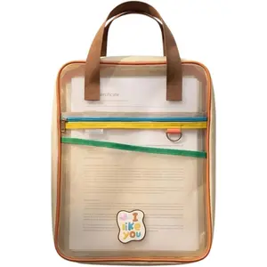 Two-Tone Mesh Zipper Tote Bag, A4 Clear Nylon Document Organizer with Handle, L-Shaped Opening Large Capacity Foldable File Pouch for Office, Business & Travel