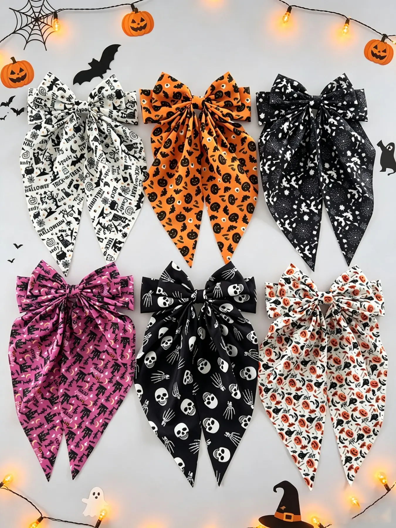 6pcs Halloween Print Large Bow Ribbon Hair Clips, Sweet Cool Funny Back-Of-Head Clip, School Season Halloween Gift, Girls' Hair Accessories