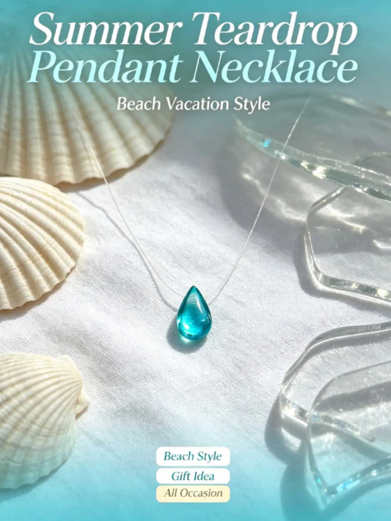 Lake Blue Teardrop Invisible Fishing Line Pendant Necklace, Summer Cool Lockbone Chain, Transparent Fishline Design, Minimalist Unique Accessory🎁