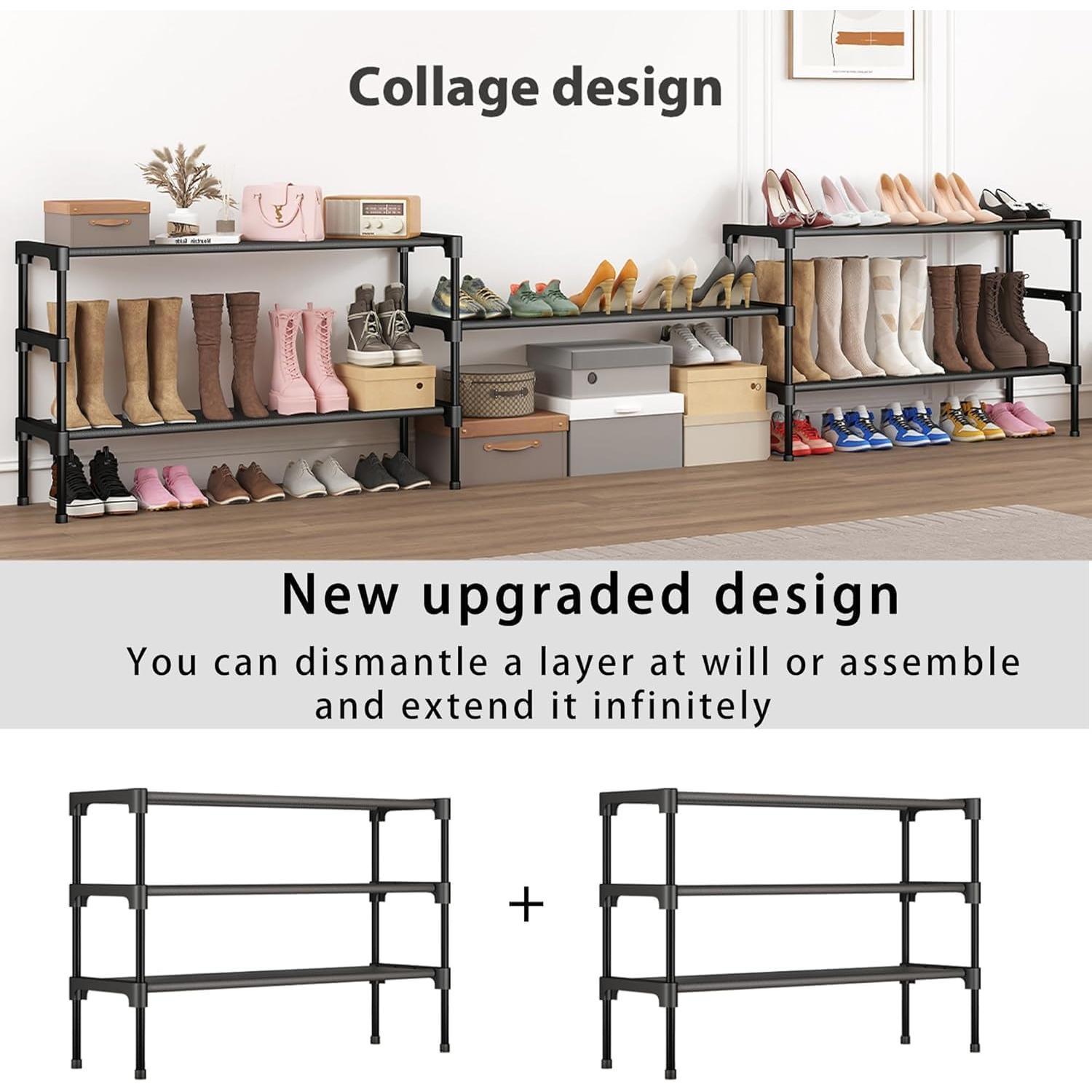 Long Shoe Rack - 3 Tier Shoe Organizer for Closet, Entryway, Garage - Stackable and Free Standing - Space Saving Small Shoe Slves