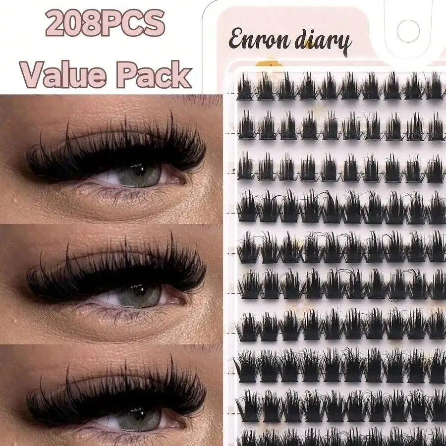 Enron Diary Fluffy Lash Clusters, 10-16mm Mixed Length D Curl Volume Lashes, 13-Row Tray Of Individual Lash Extensions, Soft And Lightweight For All-Day Comfort, Reusable Clusters To Create Customized Layered Lash Styles