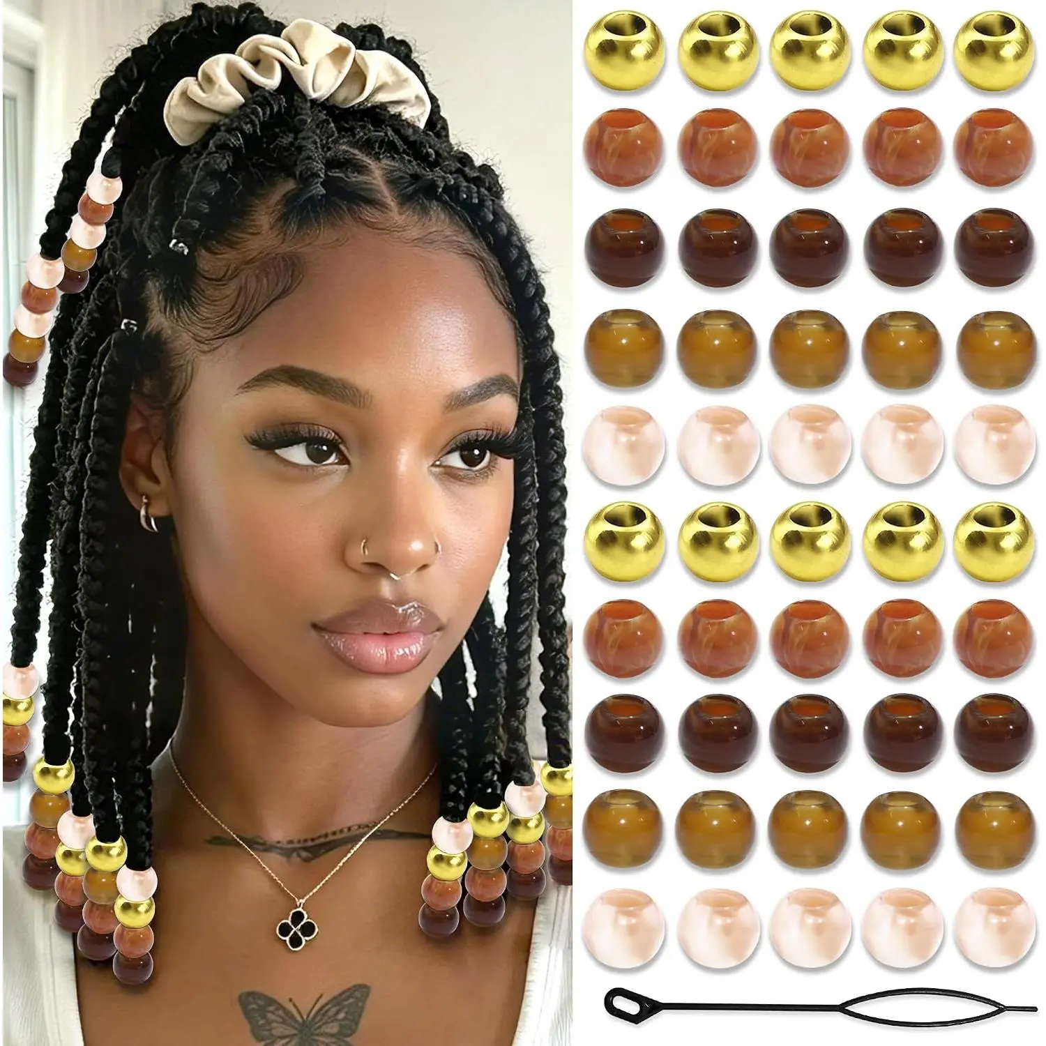 60 count Hair Beads for Braids Loc  Round Bead |  Brown Dreadlock Beads, 5 Style Gradient Bead for Hair,  Braid Accessories for Women Girls