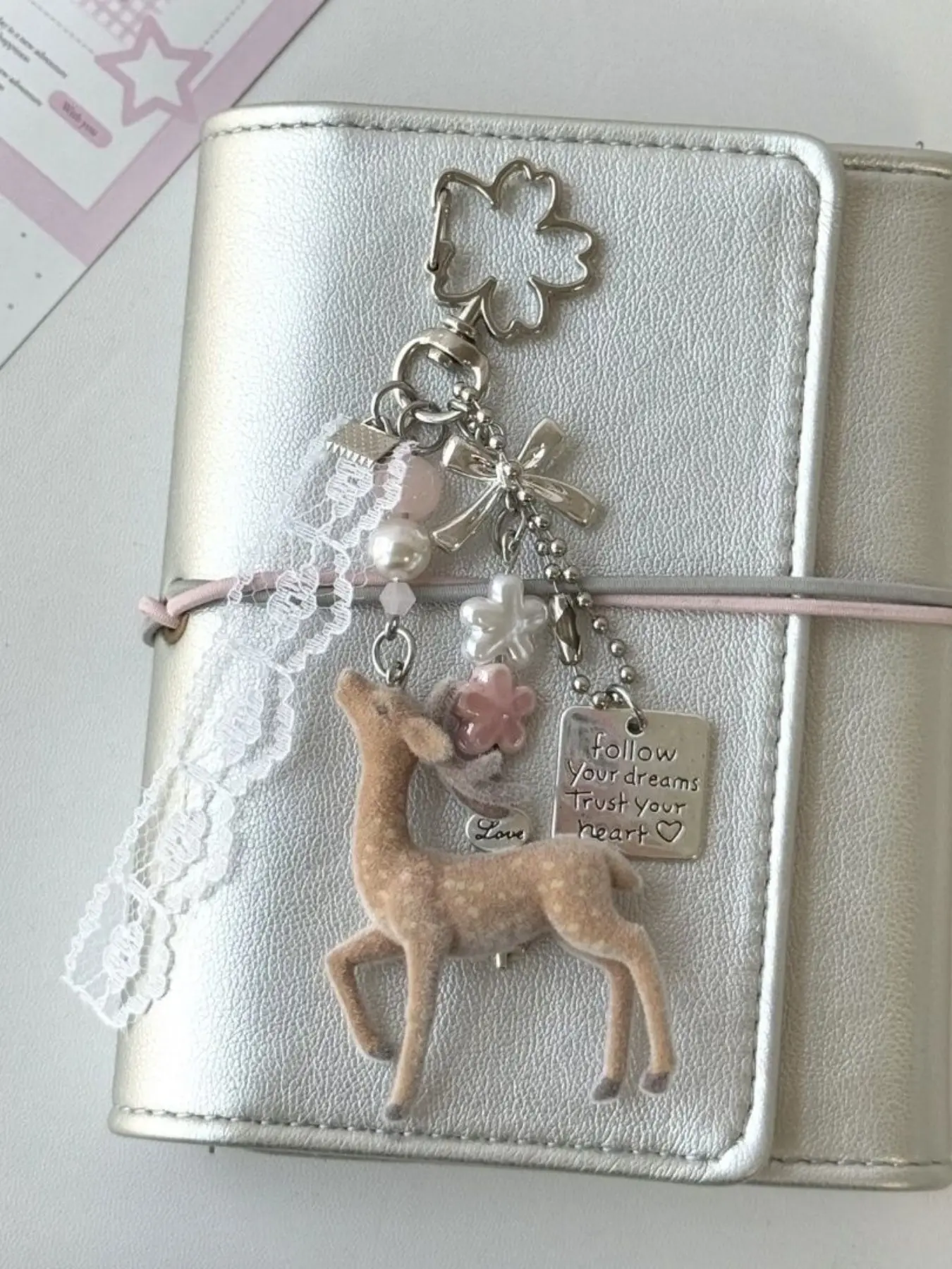 Vintage Flocked Sika Deer Keychain, Lace Ribbon, Flower Pearl Beads, Cottagecore Bag Charm, Girly Gift for Her, Keychain Accessories