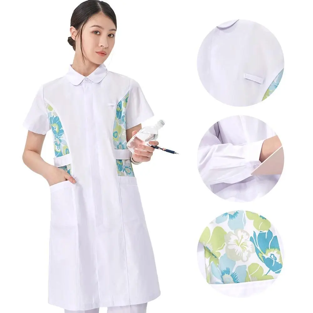 Women's Polyester-Cotton Doll Collar Short Sleeve Workwear Print Clothes, Beauty Salon Medical Nurse Scrubs Gown Dress 902