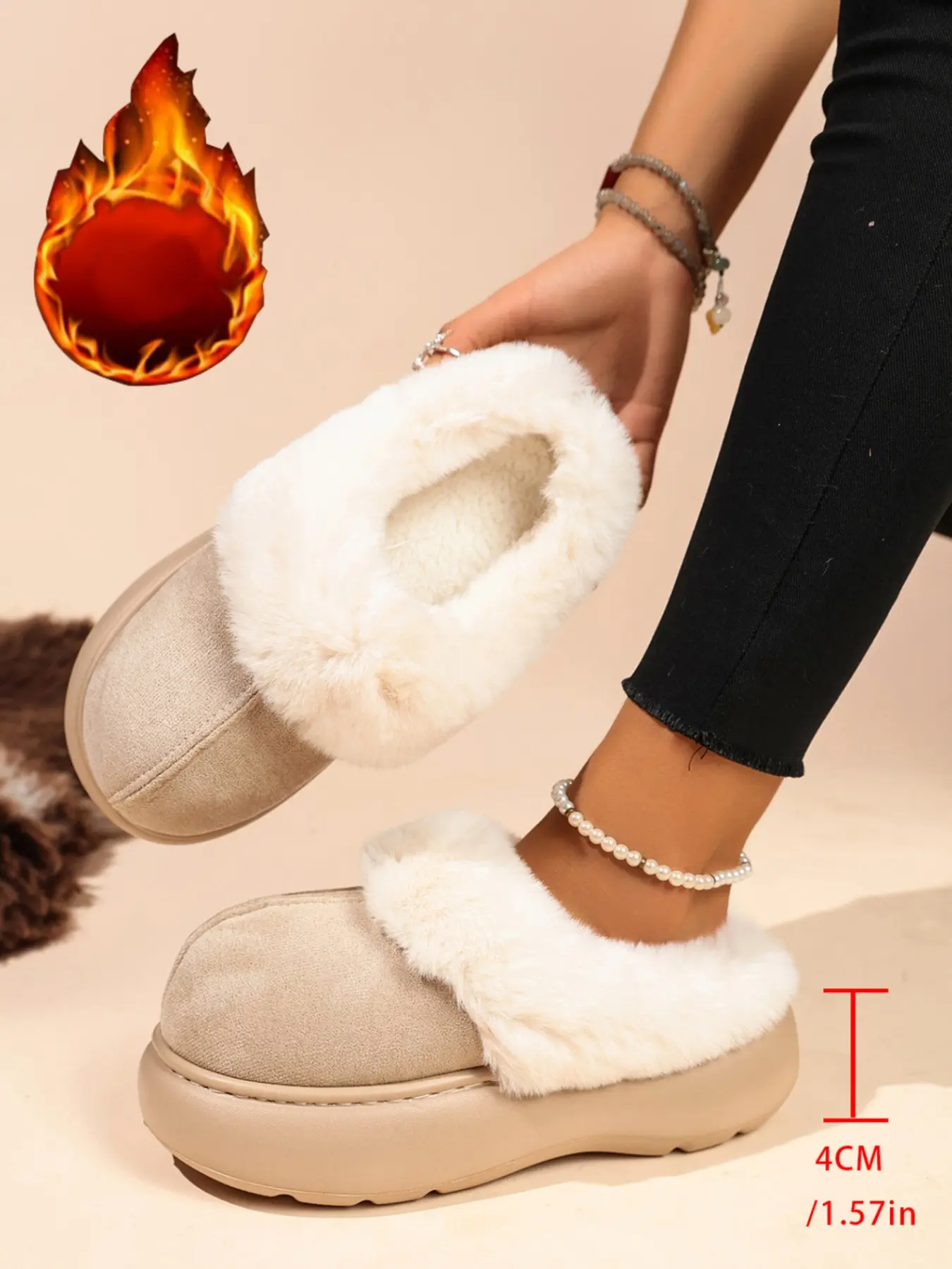 Women's Plush Comfortable Slippers, Warm Soft Fashion Home Shoes, Winter Thick Sole Snow Boots, Non-Slip Outdoor Faux Fur Shoes