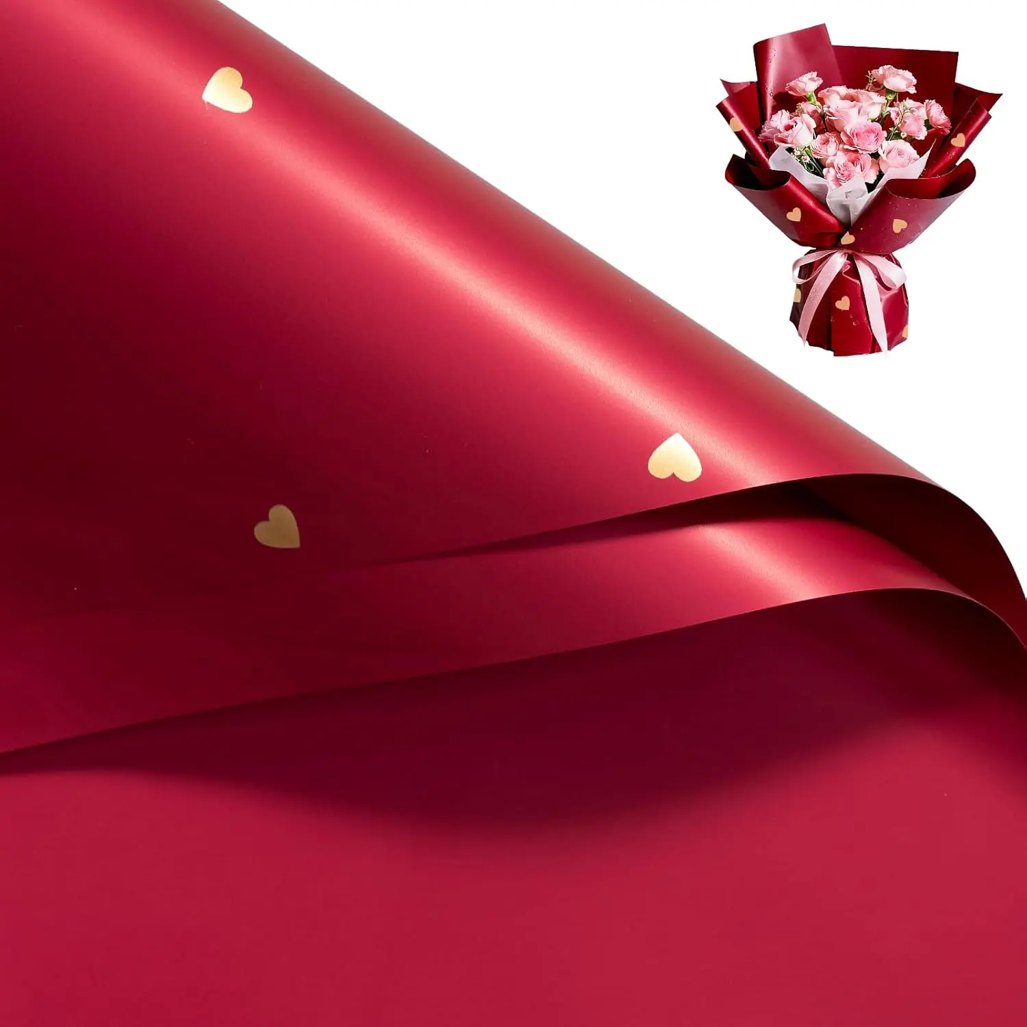 20 Sheets Flower Wrapping Paper - 22.4 x 22.4 inch  Red and Heart  Water-Resistant Floral Bouquet Wrapping Paper, Florist Supplies Packaging for Valentine's Day Wedding