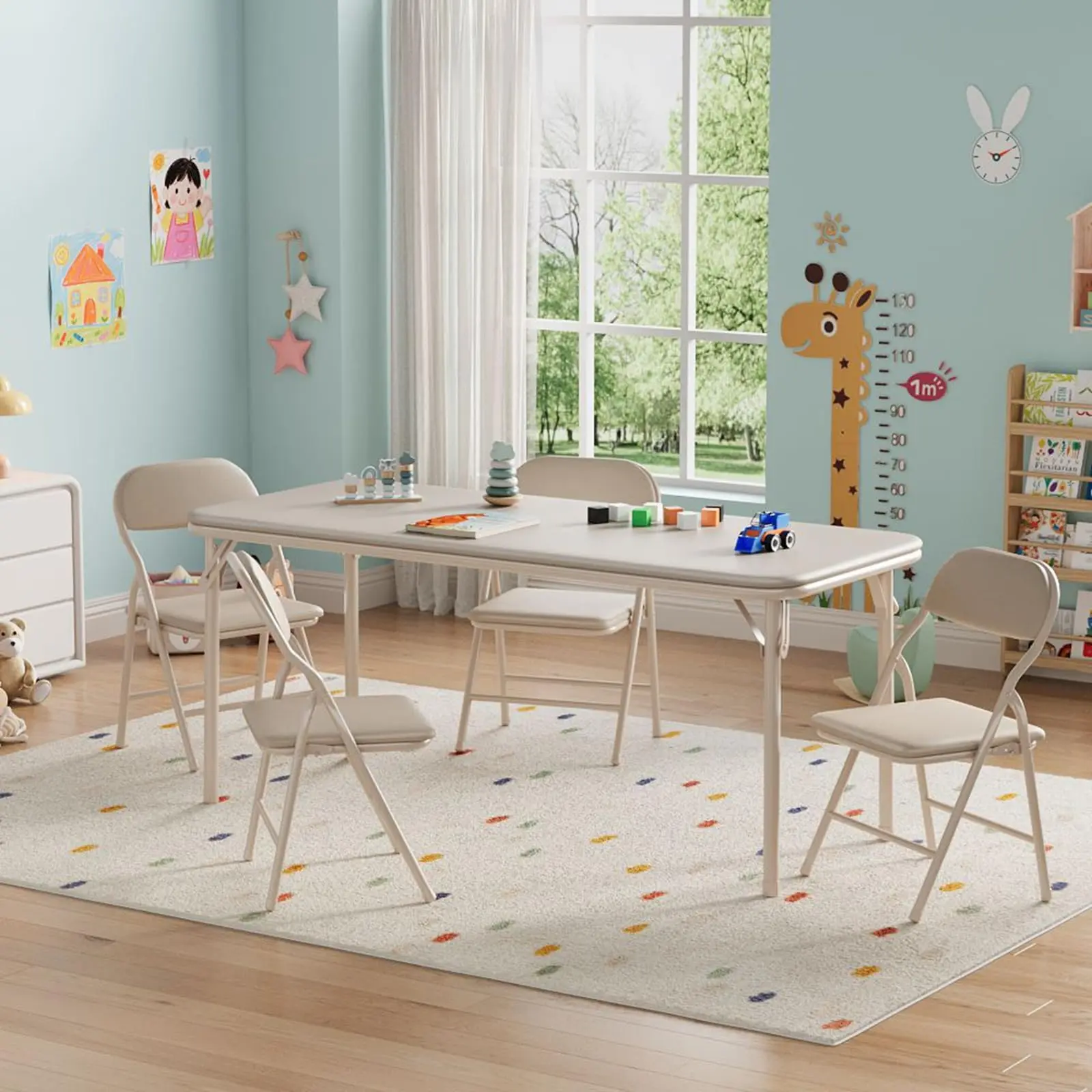 Children's Folding Table and Chair Set, 5-Piece – Rectangular, Lightweight & Compact, Waterproof PU Leather, Easy to Clean, Safe Rounded Corners, Ideal for Study, Play, Dining – Portable Kids Activity Desk for Home & Indoor Use