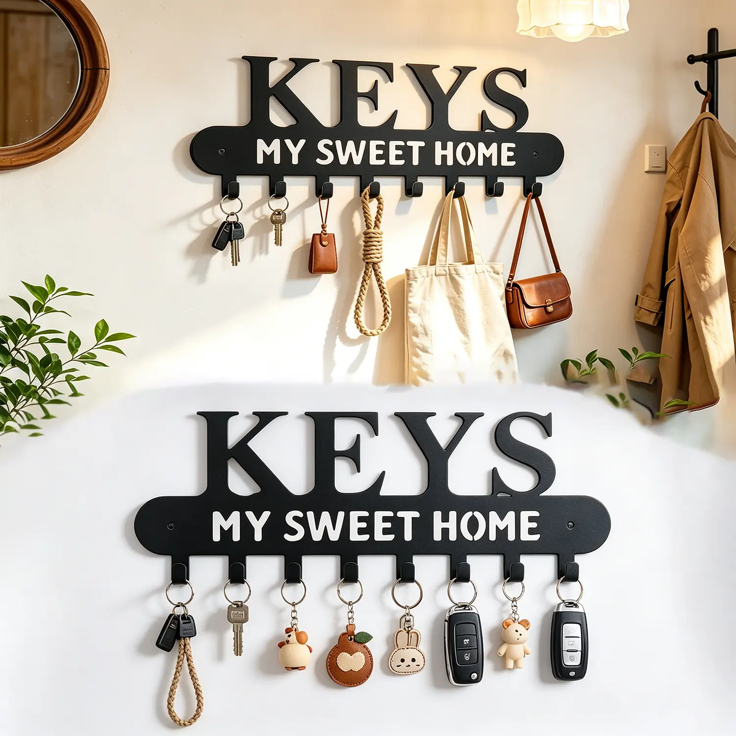 Matte Black 8-Hook Durable Metal Multifunctional Key Holder Wall Mount - 10.24 Inches Long, "MY SWEET HOME" Design, Decorative Home Supplies Hanger for Farmhouse Entryway Door, Easy Installation