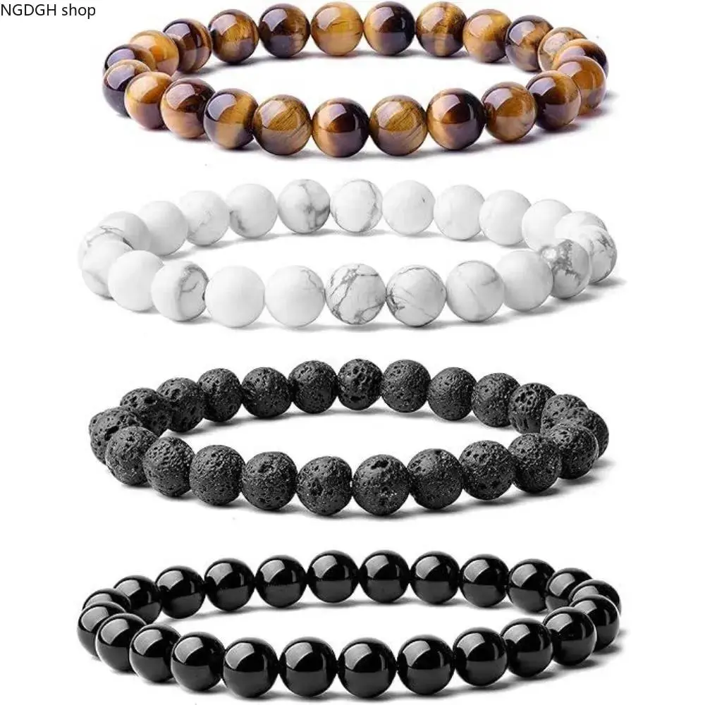 Adults' Boho Healing Bracelet Stack - Real Tiger Eye, Lava, Onyx, Howlite Stone Beads, Stackable Elastic Bracelets for Protection, Grounding, Real Stones