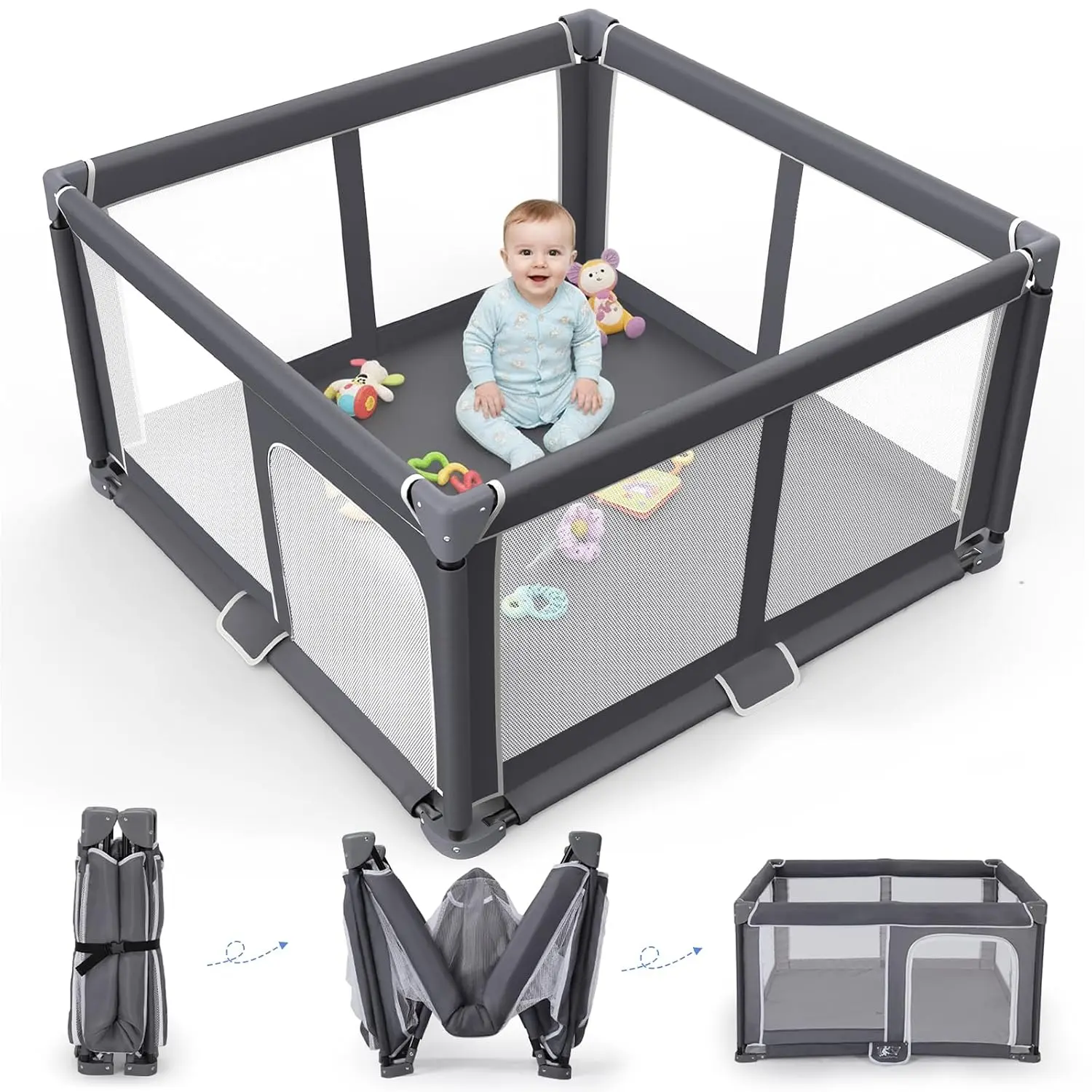 Dark Gray Unisex Folding Playpen for Babies & Toddlers - Collapsible Frame, Safe Materials, Sturdy, Secure, Indoor-Outdoor Use, Portable Travel Play Yard with Carry Bag