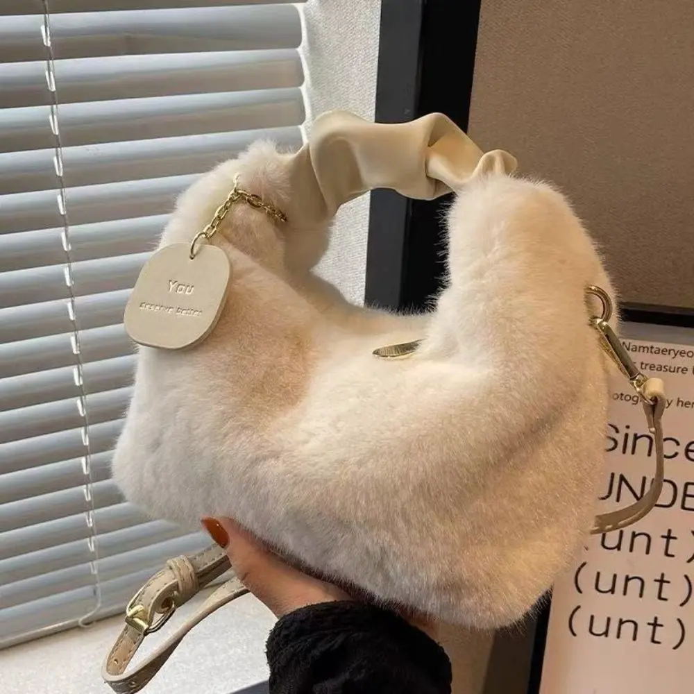 Women's Soft Faux Fur Slouchy Hobo Handbag - Ruched Faux Leather Handle, Detachable Adjustable Strap, Fashionable Crossbody Pouch, Shoulder Purse for Winter Daily Use, Bags for Women, Fashionable Bags, Crossbody Pouch Women's Handbags