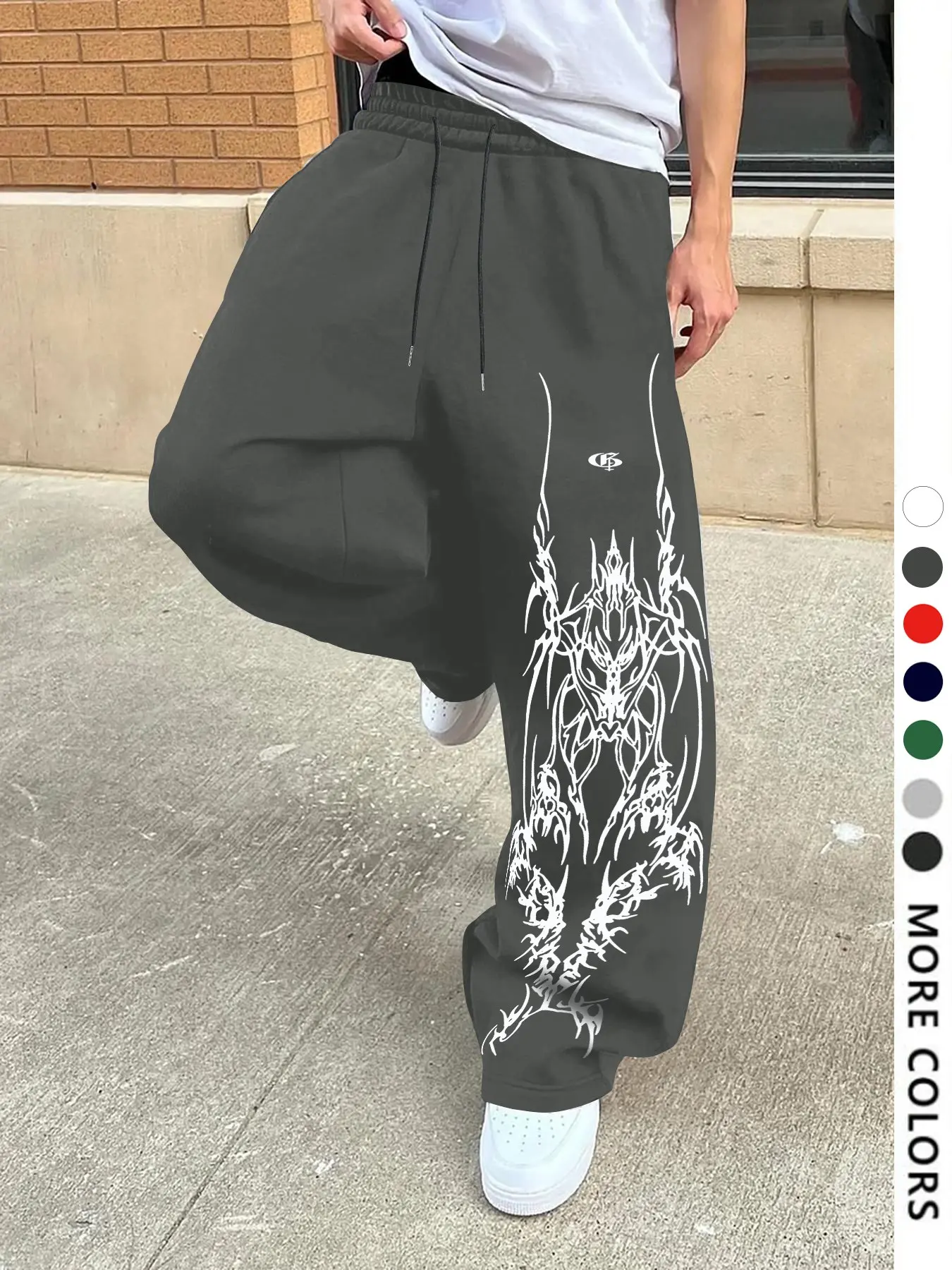 Men's Casual Sporty Long Pants, Gothic Pattern Print Sweatpants, Drawstring Wide Leg Leisure Pants, Suitable for All Seasons