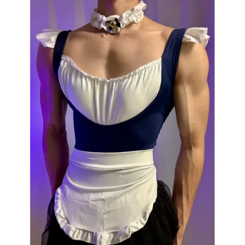 Men Maid Costume Outfit Cute Ruffle Bodysuit with Apron and Bell Choker Set Sleeveless Ruffled Shoulder French Maid Roleplay Costume Stretchy Slim Fit Themed Party Nightwear Outfit for Cosplay