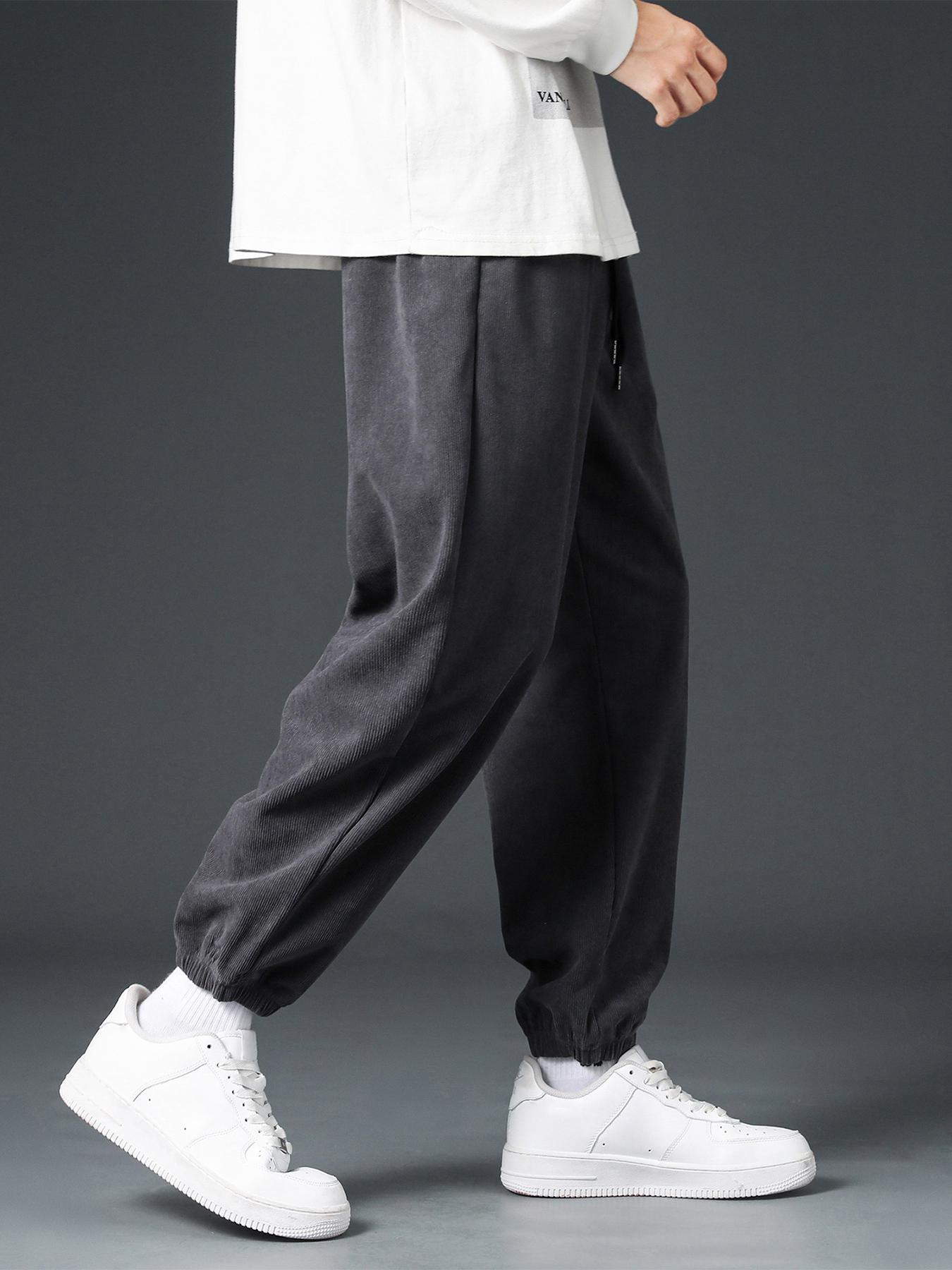 Men's Solid Pocket Drawstring Waist Jogger Pants, Loose Corduroy Trousers for Spring & Fall, Baggy Plain Menswear, Casual Comfy Men Bottoms for Daily Wear, Lounge Boyfriend Sweatpants for Gift