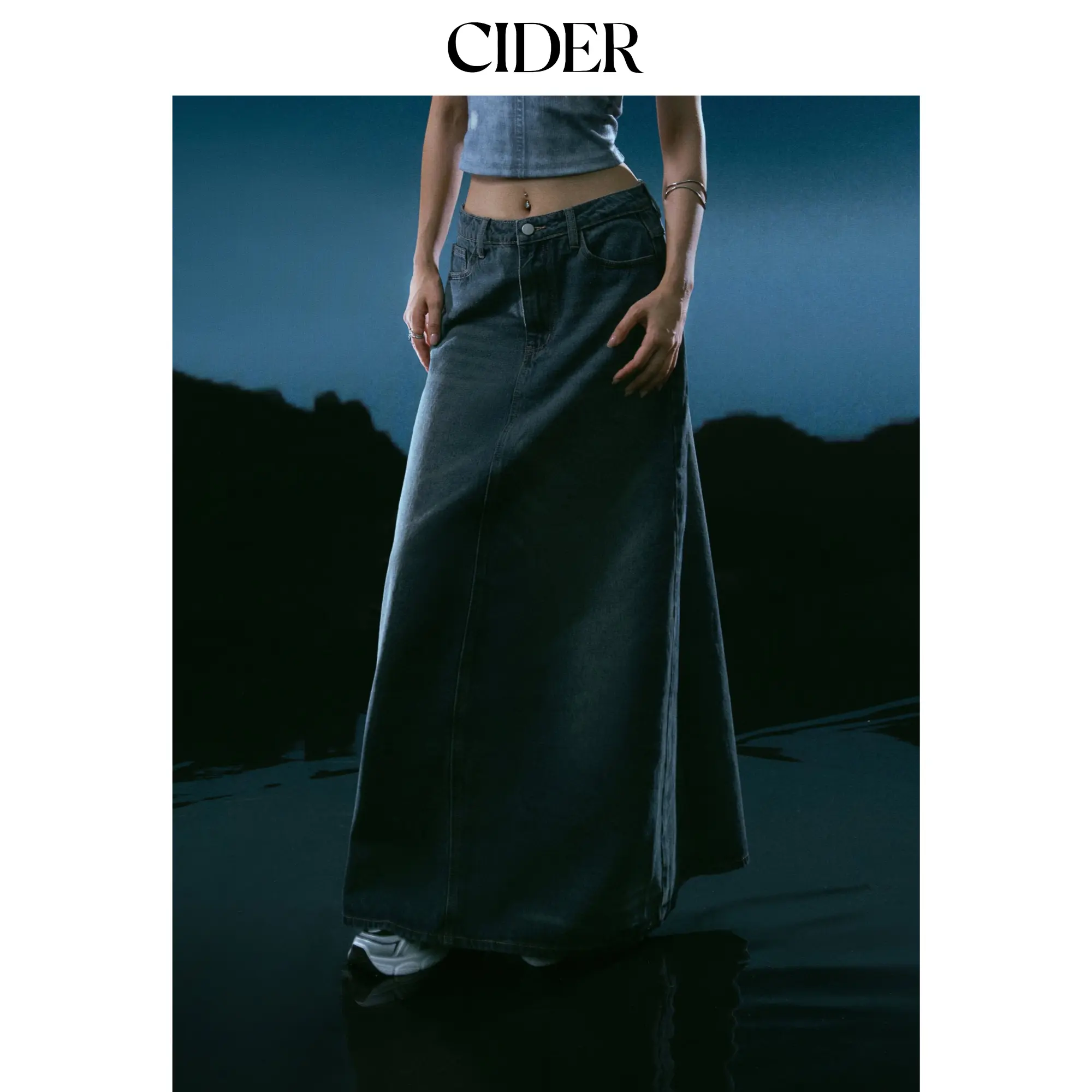 Cider Denim Mid Waist Solid Pocket Maxi Skirt